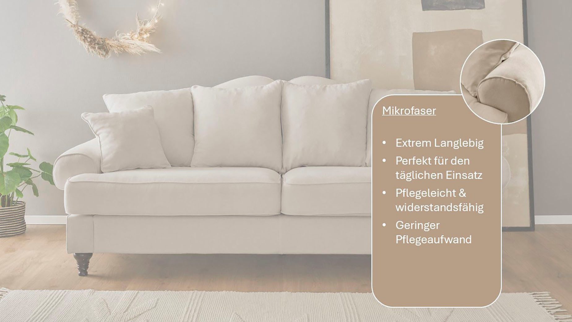 OTTO home 3,5-Sitzer Westminster, Sofa im Landhausstil, Couch mit Zierkissen, Federkern-Polsterung, gedrechselter Fuß, hochwertiger Microfaserbezug