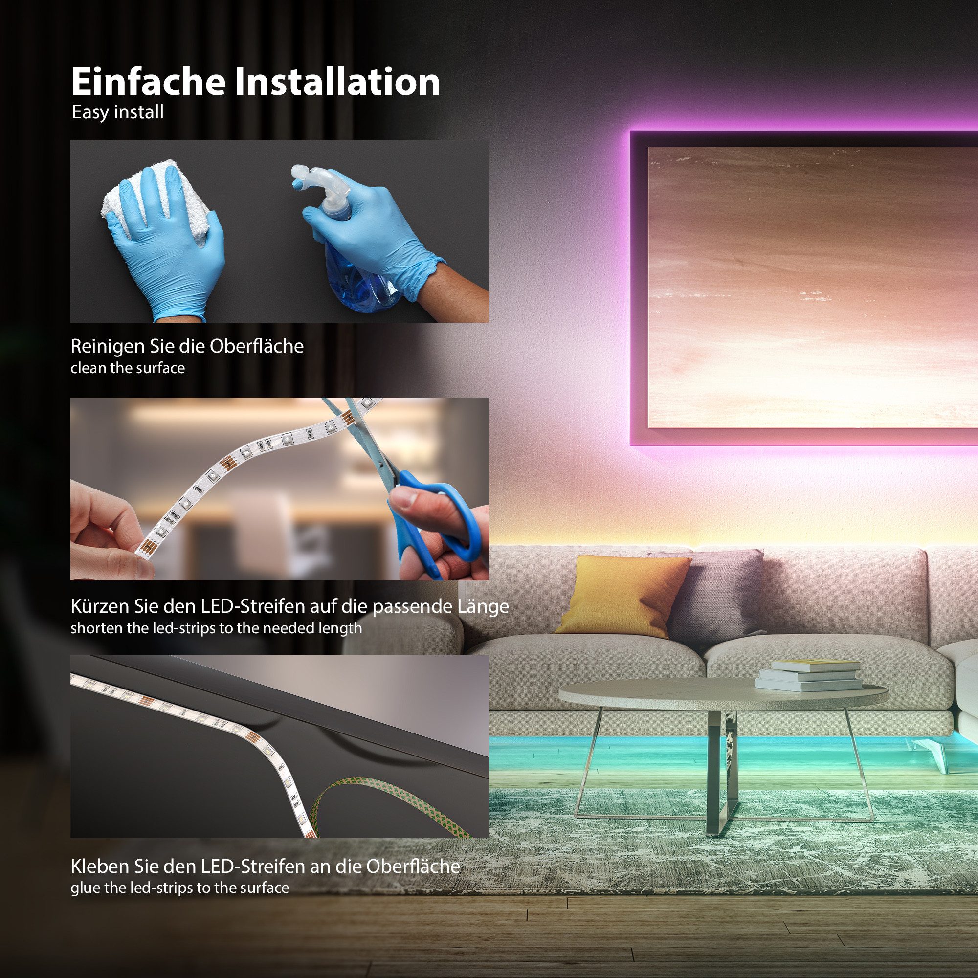 B.K.Licht LED-Streifen 3-10m LED Strip Licht-Band Leiste 230V RGB Farbwechsel dimmbar USB, 5m Licht-Streifen 300 LEDs 24W Fernbedienung Wohnzimmer Büro - BKL1013