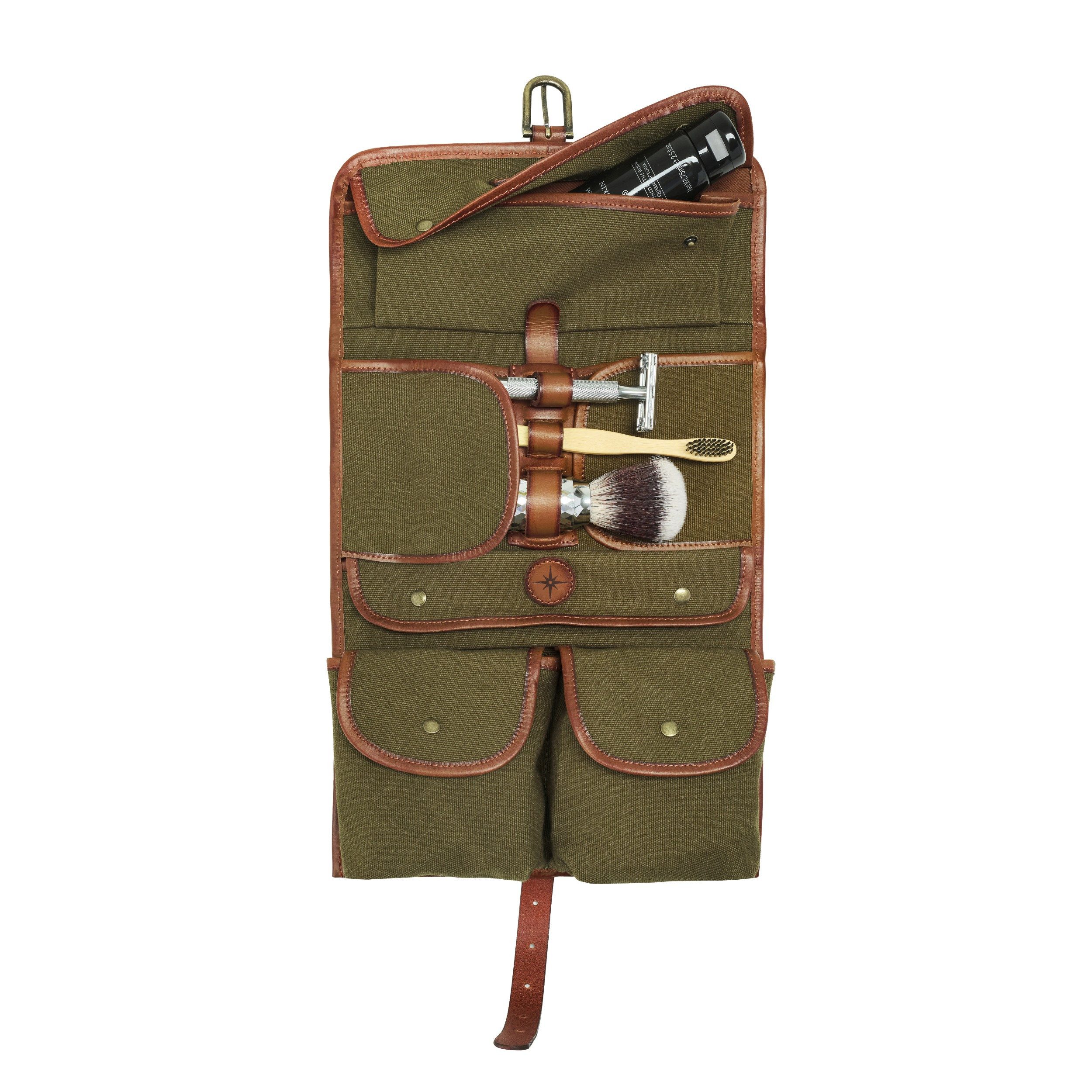 DRAKENSBERG Kulturbeutel zum Aufhängen »Sid« Oliv-Grün, Damen, Herren, rollbare Kulturtasche im Safari-Design, wasserabweisend