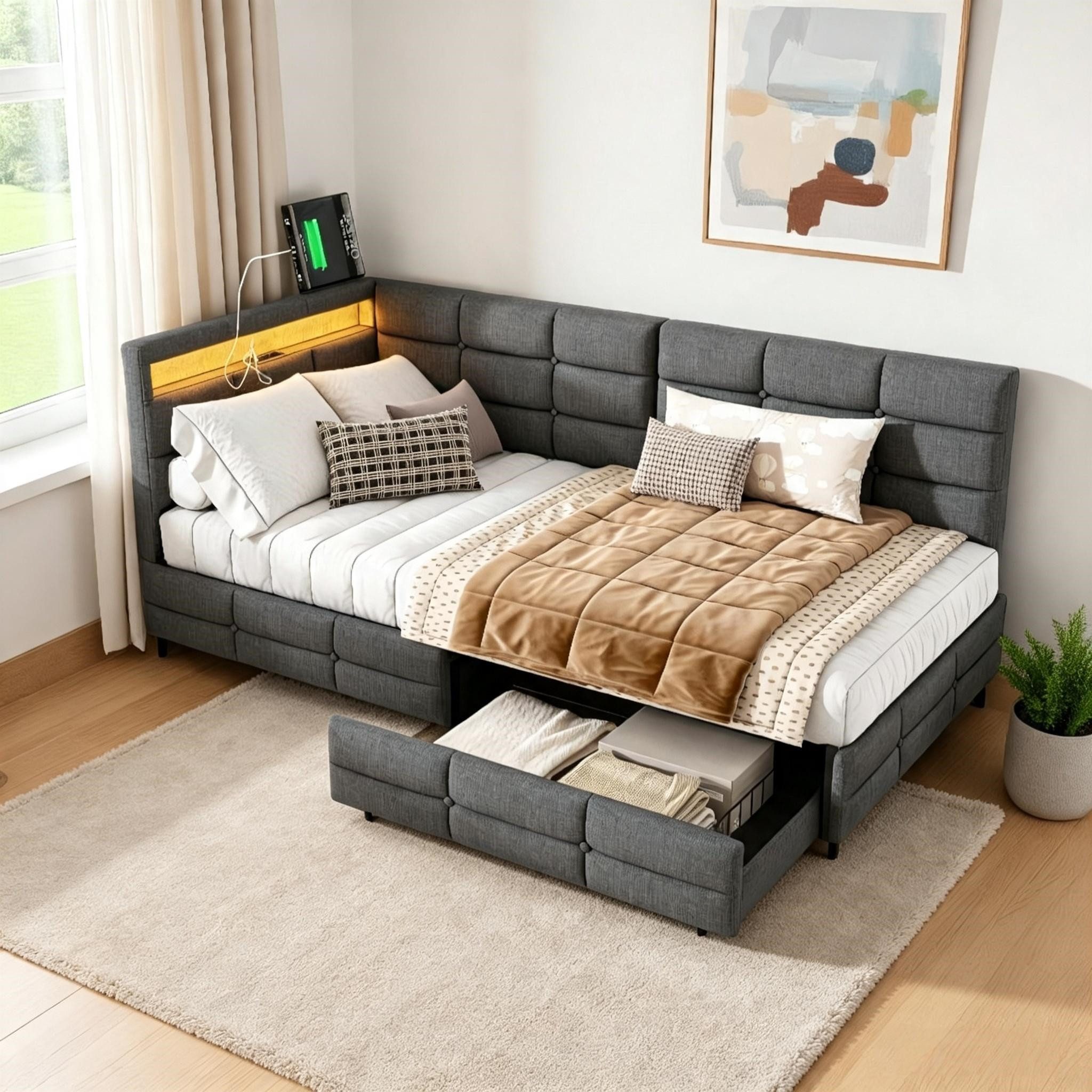 Simurq Einzelbett Gepolstertes Einzelbett 90x200 Leinenoptik, 2 Schubladen, Schlafsofa