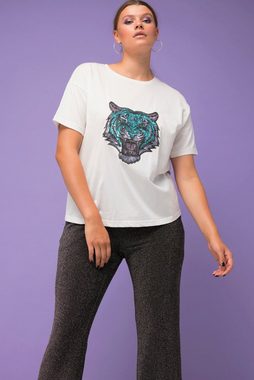 Studio Untold Rundhalsshirt T-Shirt oversized Tiger Pailletten-Patch Rundhals