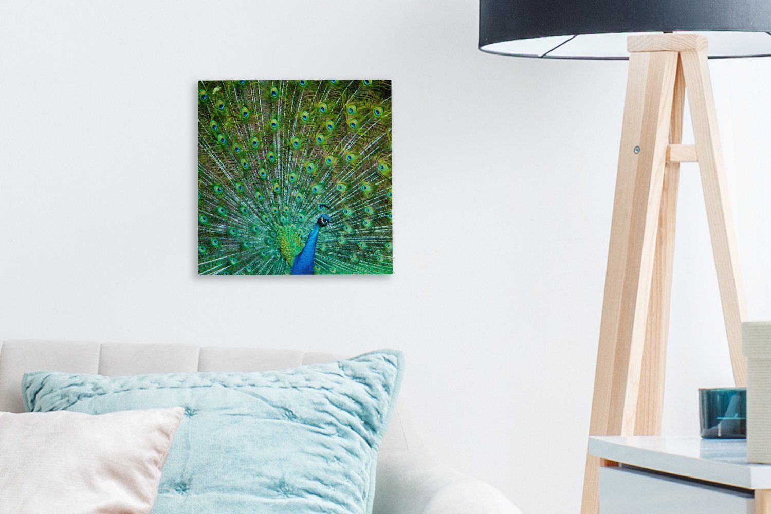 OneMillionCanvasses® Leinwandbild Bilder Wohnzimmer für Leinwand Pfau Gefieder, mit blau-grünem (1 Schlafzimmer St),