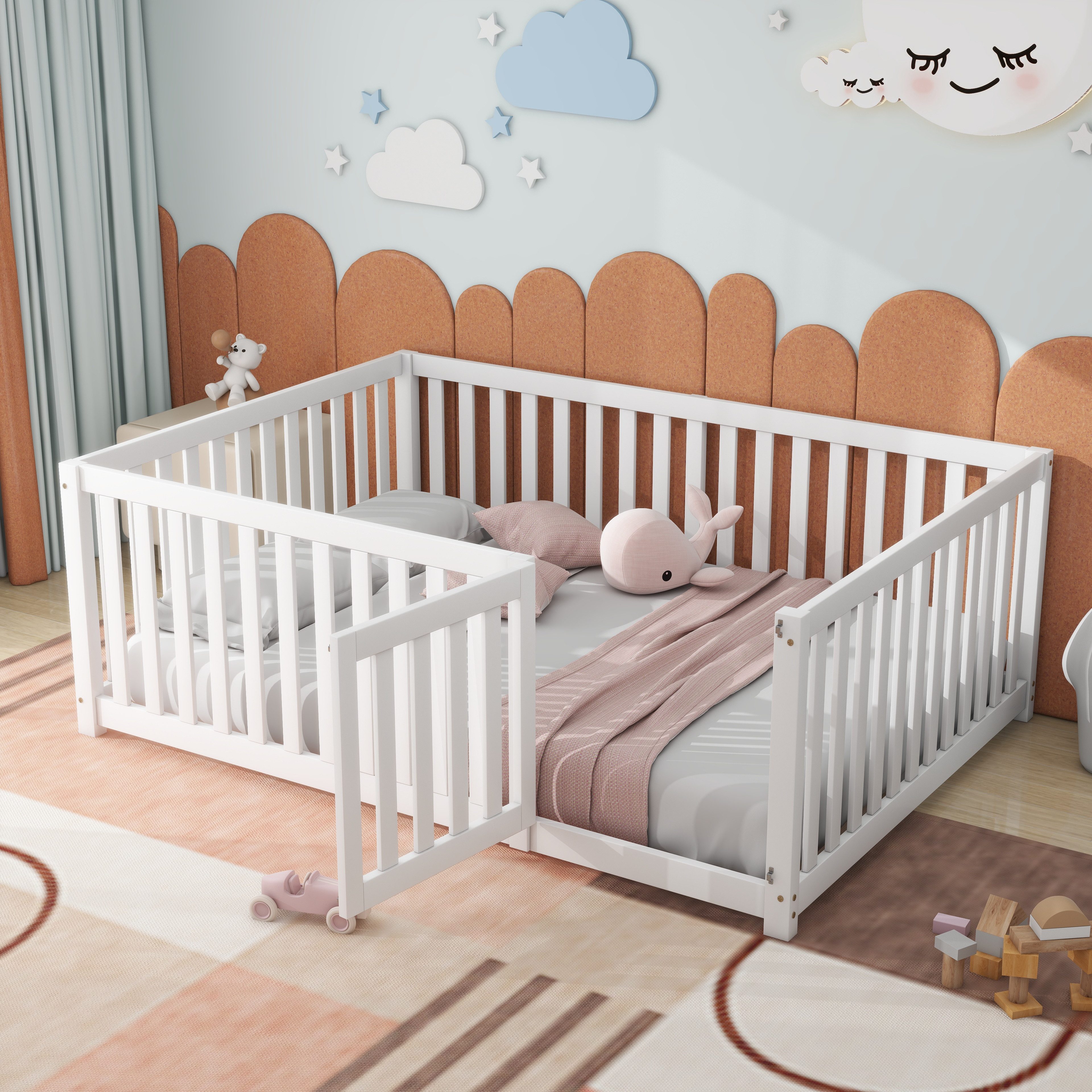 MODFU Bett Bodenbett mit Zaun (Jugendbett, ohne Lattenrost, aus Kiefer massiv, mit Tür), Ohne Matratze