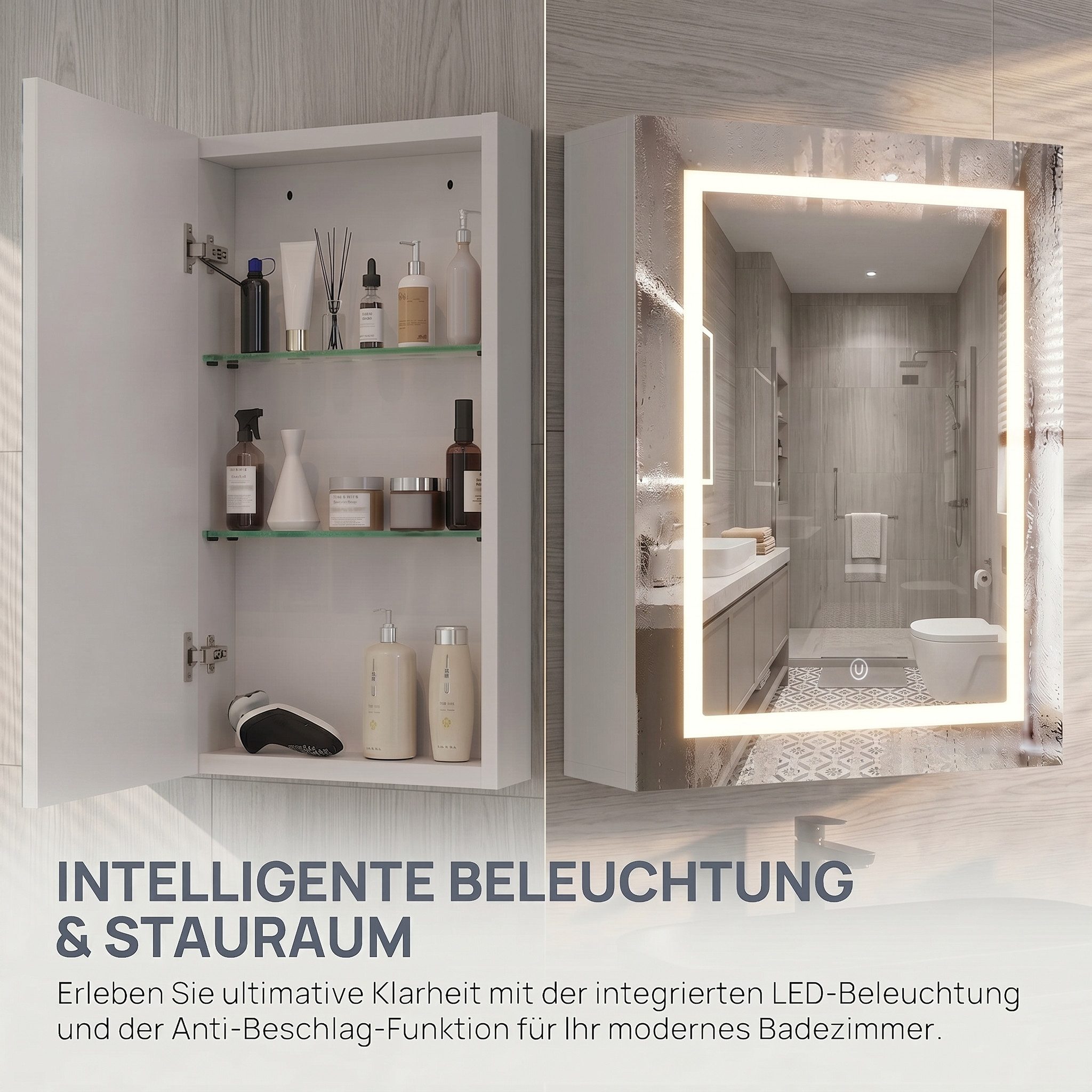 Furnishings Home Badezimmerspiegelschrank Spiegelschrank Doppeltür Hängeschrank mit LED (Einstellung der warmen und kalten Farbtemperatur 3000/4500/6400K) inkl. LED-Beleuchtung, Stecker, Touchschalter, Beschlagfrei