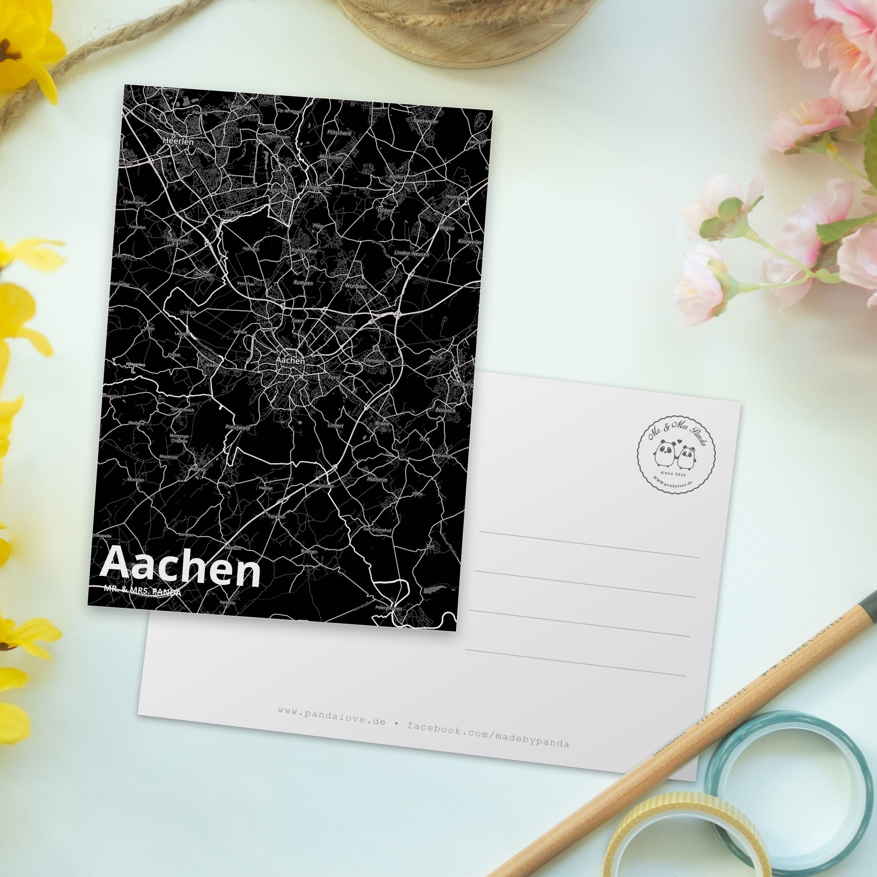 Mr. & Mrs. Panda Postkarte Stad Aachen Dorf Map - Stadt Ansichtskarte, Karte Geschenk, Landkarte