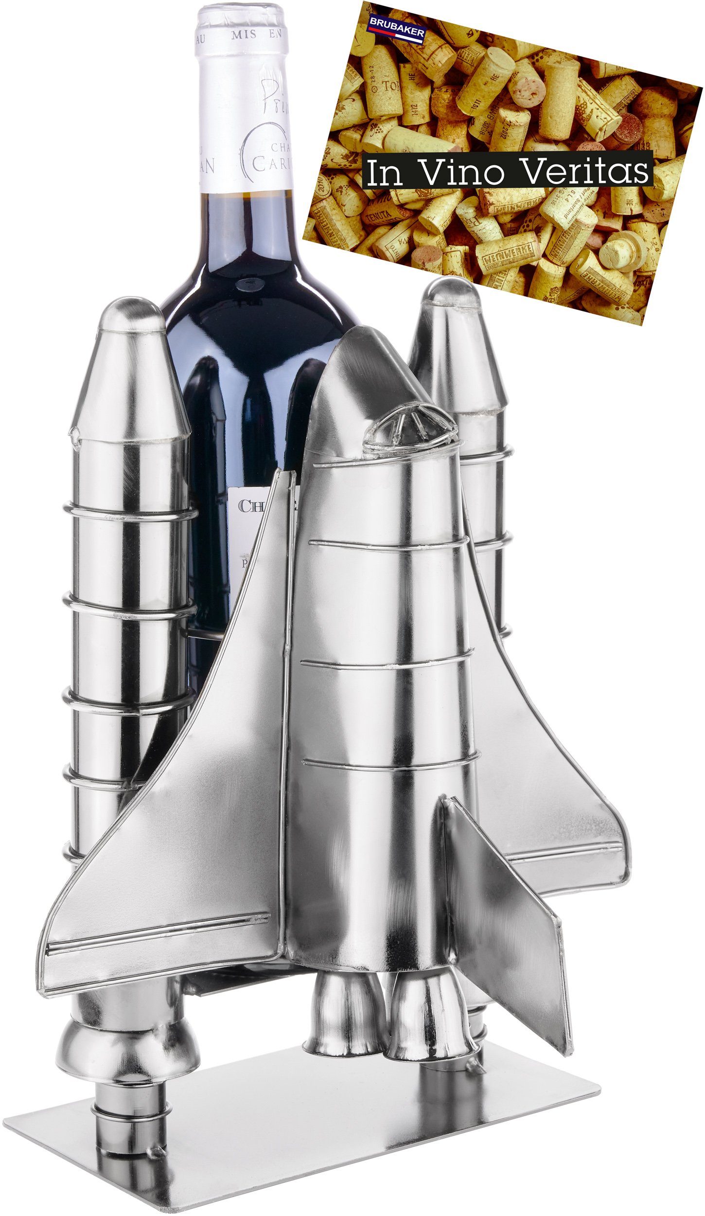 BRUBAKER Weinflaschenhalter Raketenstart - Space Shuttle Metall Skulptur, (Silber Metallfigur mit Grußkarte, 1-St., Weingeschenk für Raumfahrt und Weltall Fans), Flaschenständer Rakete Raumfähre Weinhalter