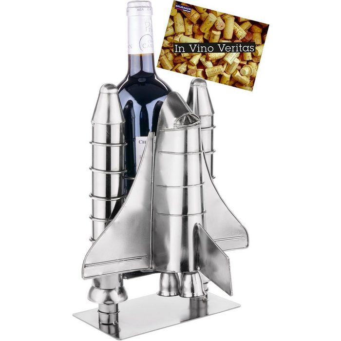 BRUBAKER Weinflaschenhalter Raketenstart - Space Shuttle Metall Skulptur (Silber Metallfigur mit Grußkarte 1-St. Weingeschenk für Raumfahrt und Weltall Fans) Flaschenständer Rakete Raumfähre Weinhalter