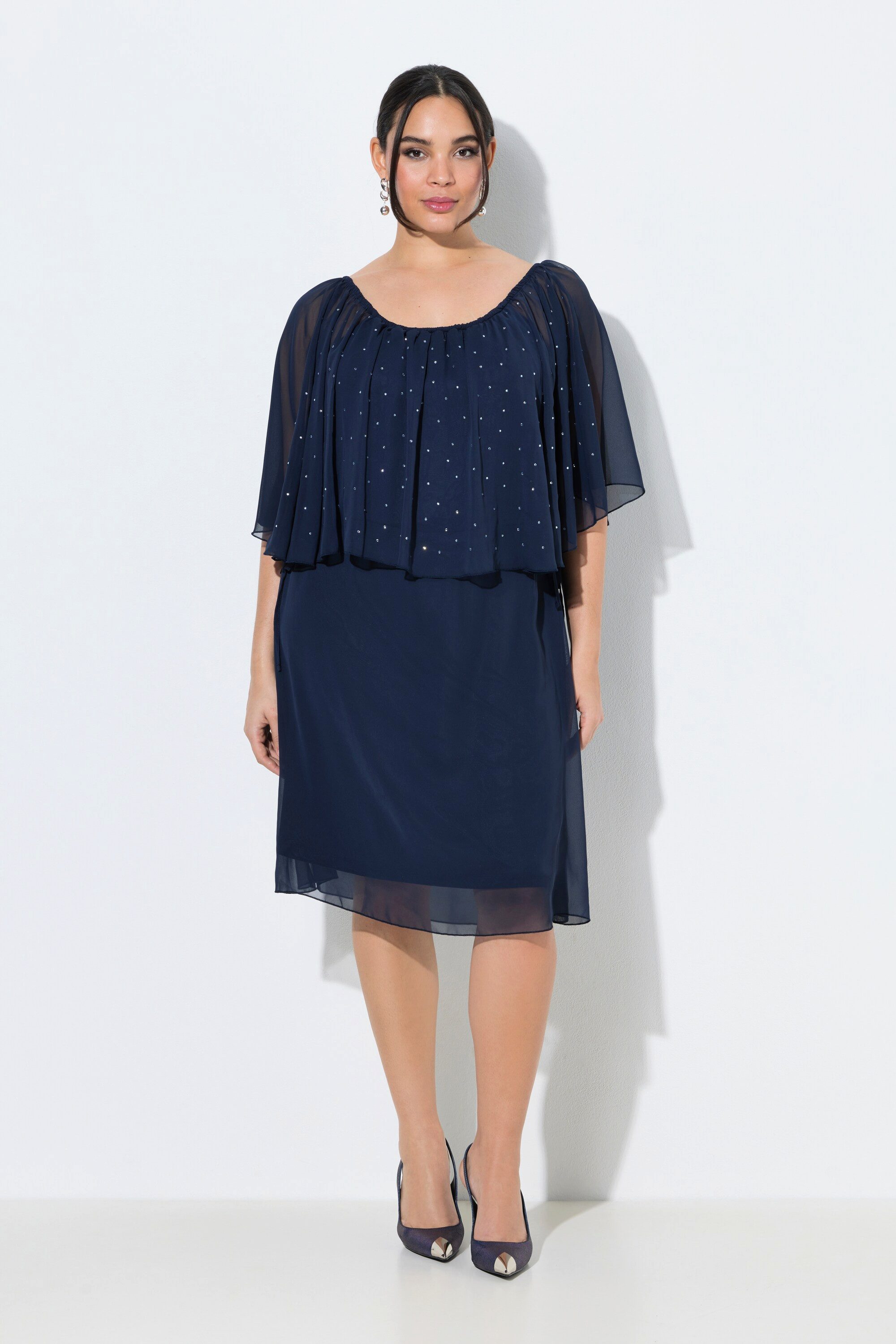 Ulla Popken Cocktailkleid Kleid Chiffonrüsche A-Linie Carmen-Ausschnitt