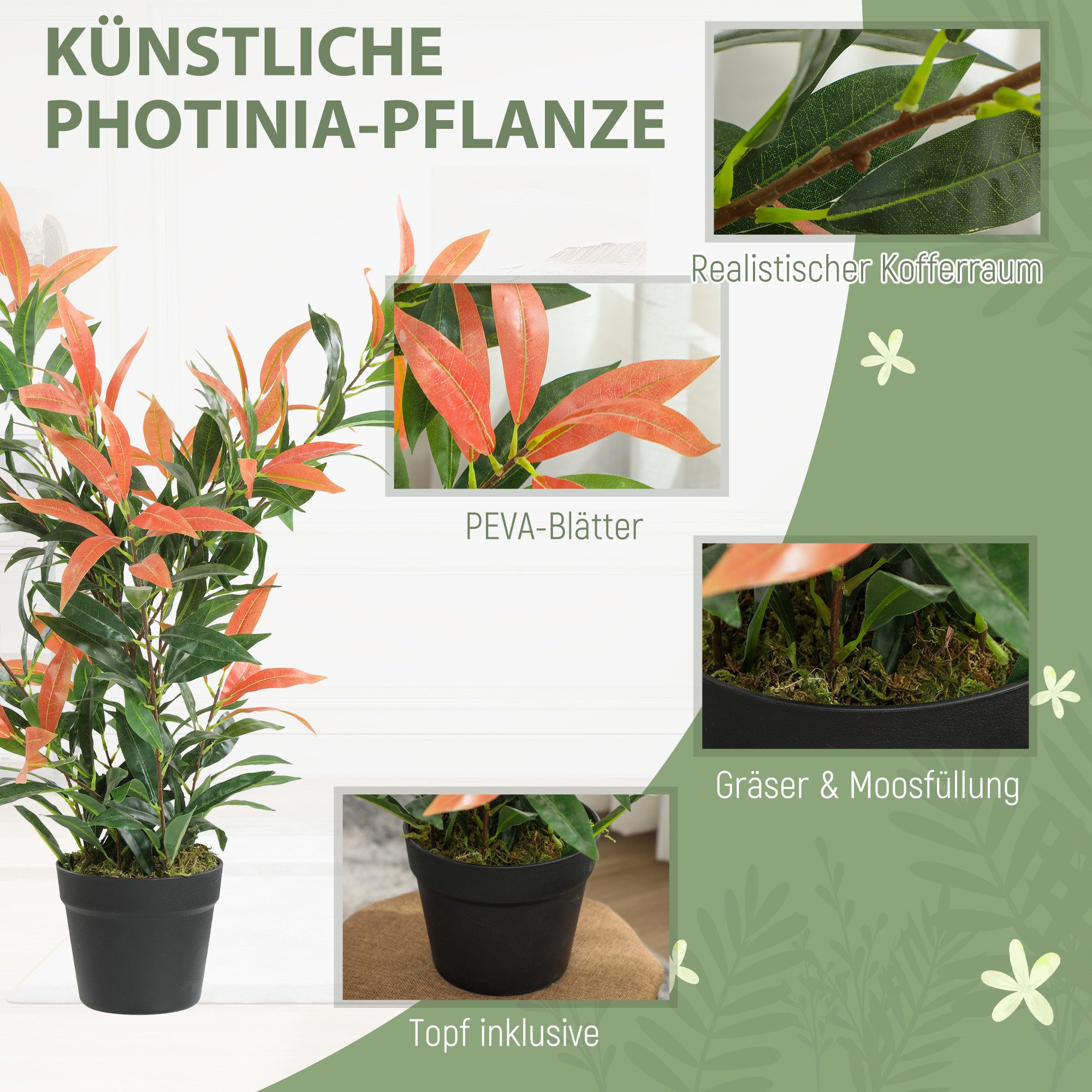 Kunstpflanze Künstliche Pflanze mit 300 Blättern, Plastik wie echt Deko Glanzmispel, HOMCOM, Höhe 90 cm, im Kunststofftopf – Bild 4 von 5