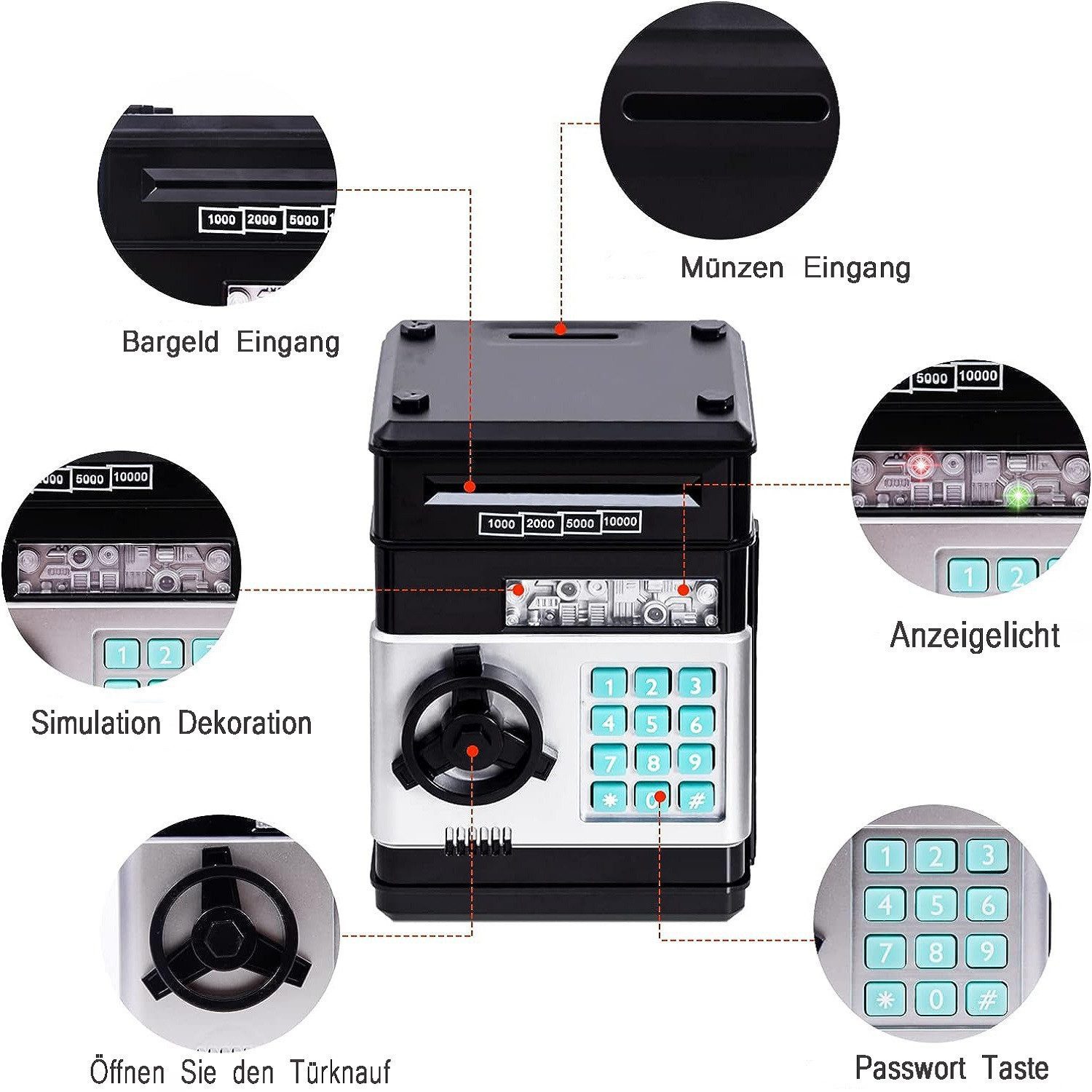 wohnTRAUM24 Spardose Spardose Kinder,Elektronisches Spardose Safe für Kinder Tresor, (Geldbank mit Passwort, Coole Mini-Geldautomaten-Sparschwein, Münzdose, Auto-Scroll-Geldsafe, tolles Geburtstagsgeschenk für Mädchen and Junge)