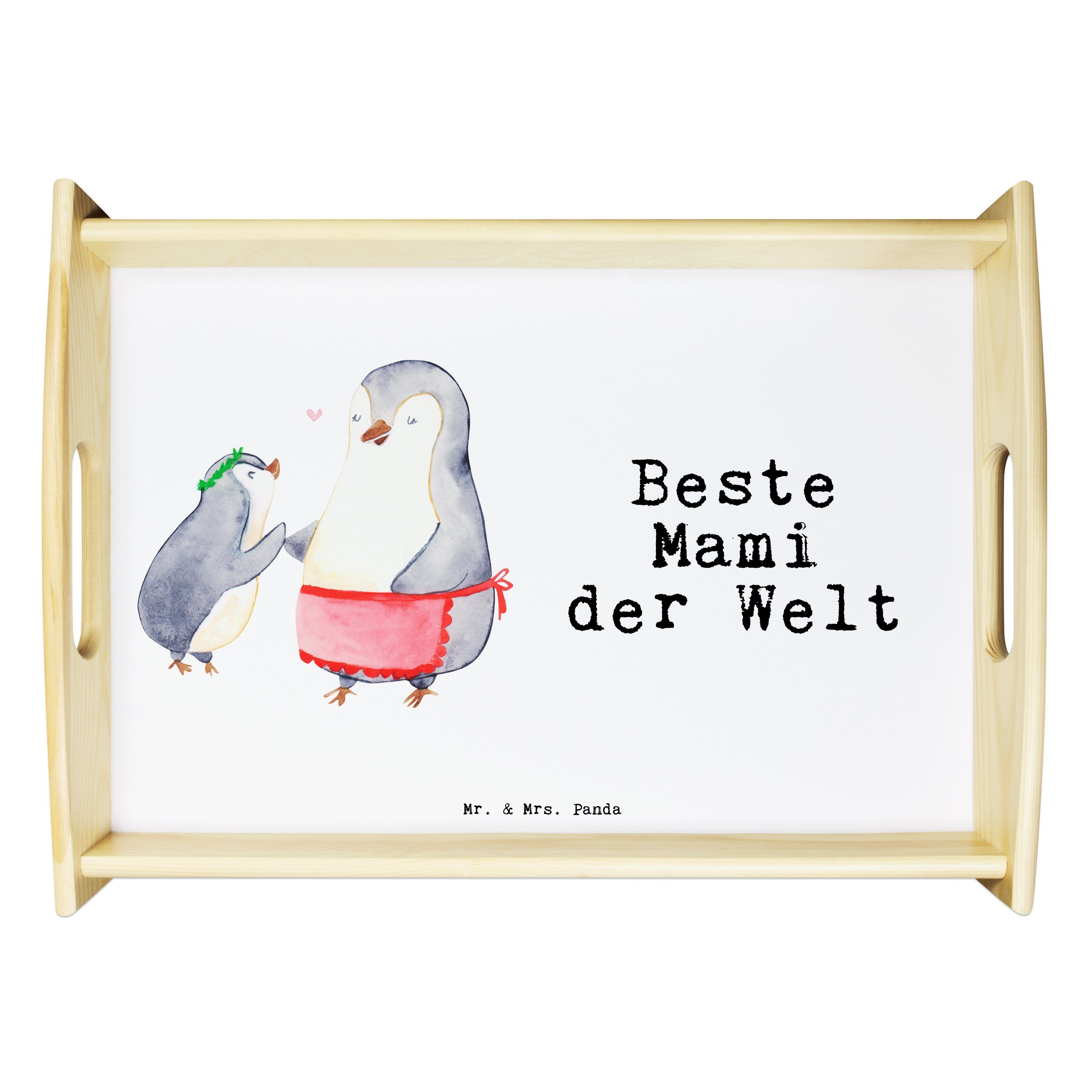 Mr. & Mrs. Panda Tablett Pinguin Beste Mami der Welt - Weiß - Geschenk, Dekotablett, Dankeschö, Echtholz lasiert, (1-tlg)