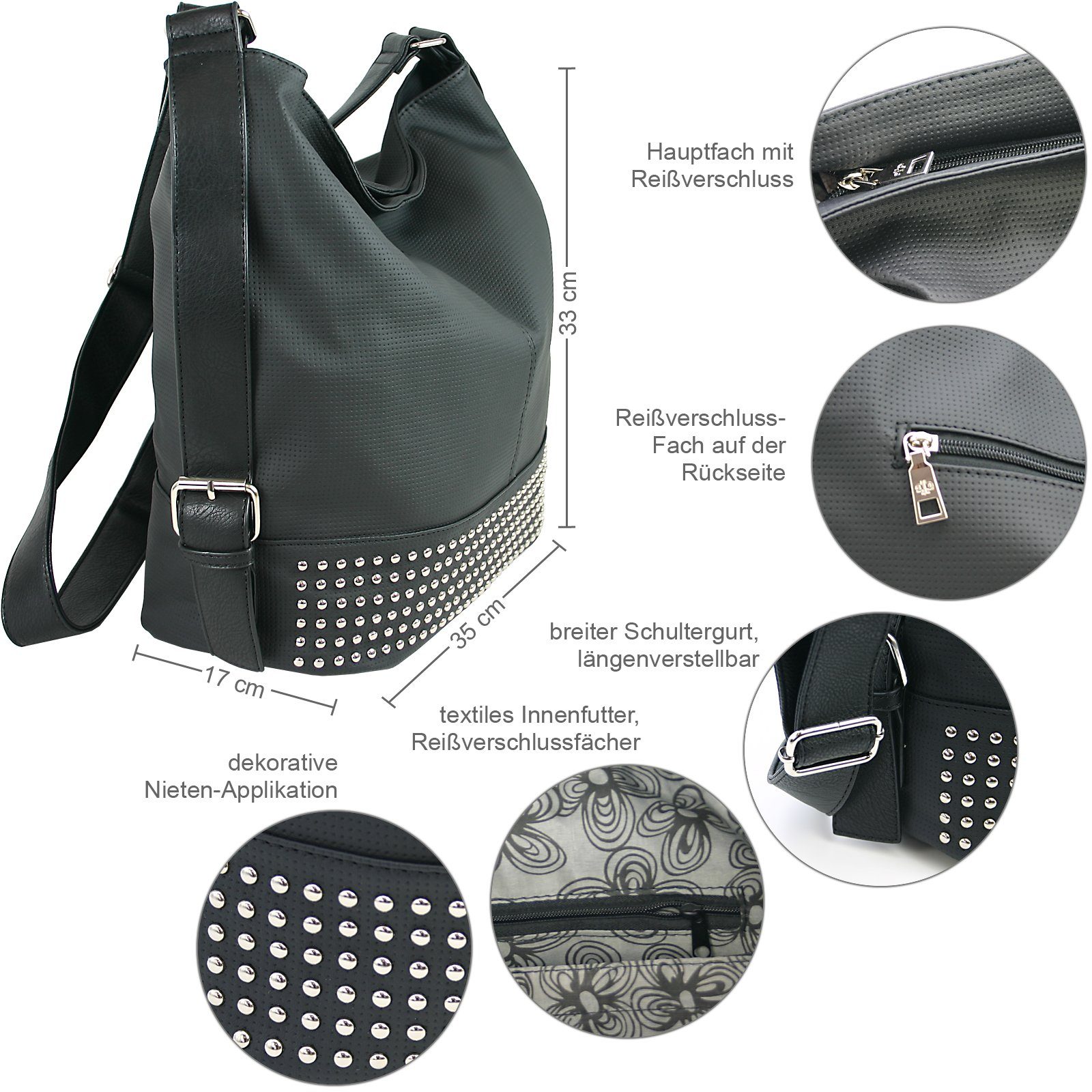 J JONES JENNIFER JONES Schultertasche Große Damen Umhängetasche mit Nieten günstig online kaufen