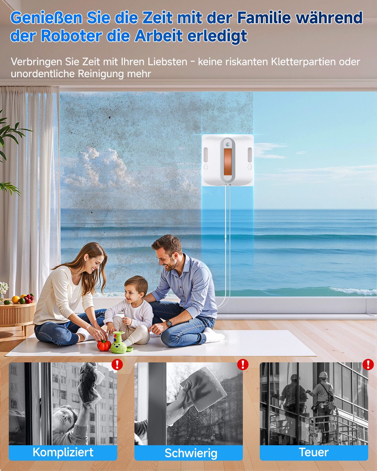 lubluelu Fensterputzroboter CHYW201 Fernbedienung mit Dual-Wasserspray Anti-Fall 6500Pa, mit 80ml Wassertank und Sprühfunktion,Außen-und Innenfenster