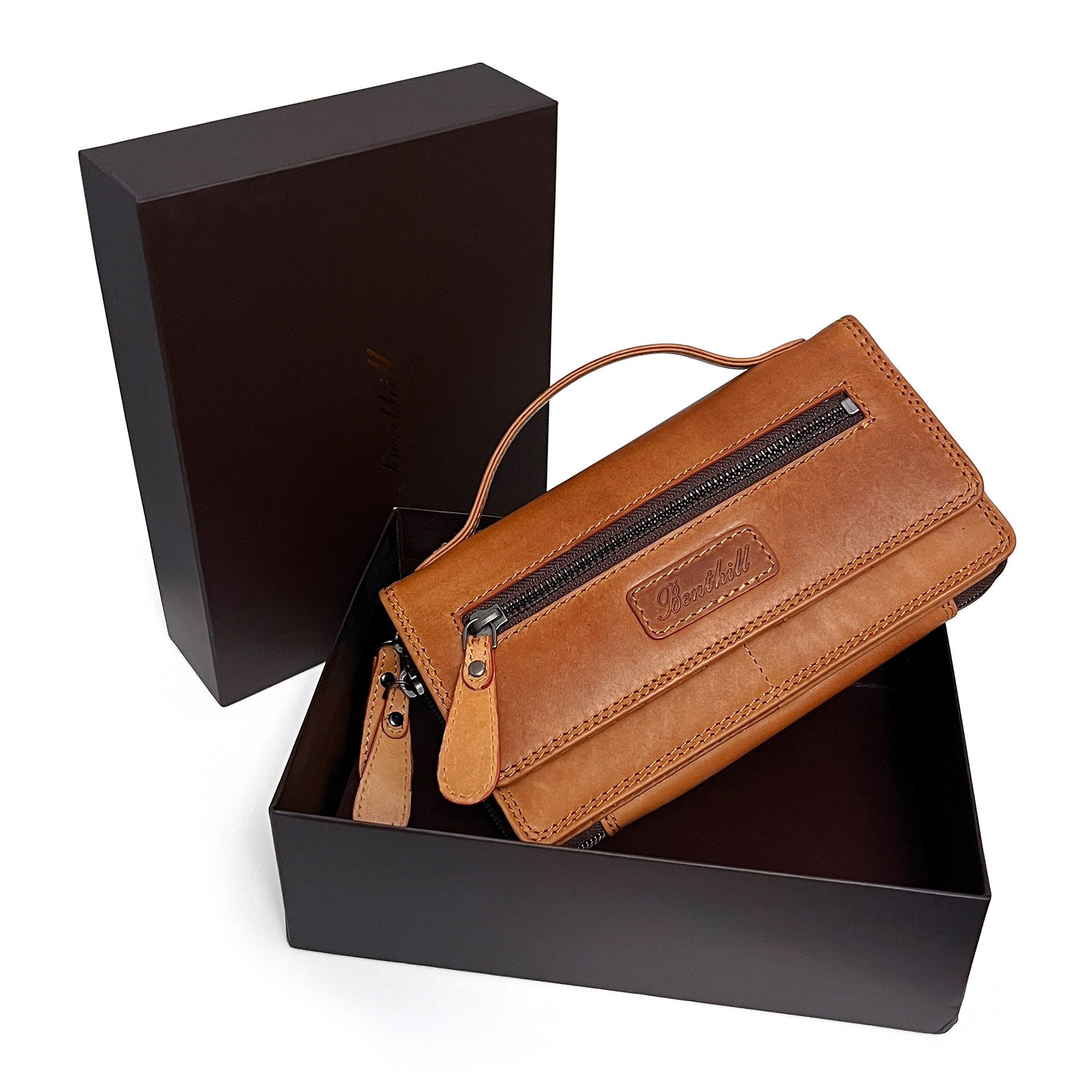 Benthill Geldbörse Echt Leder Reisebrieftasche Umhängetasche Klein Travel Schultertasche, RFID-Schutz Münzfach Kartenfächer Handy-Fach Umhängegurt