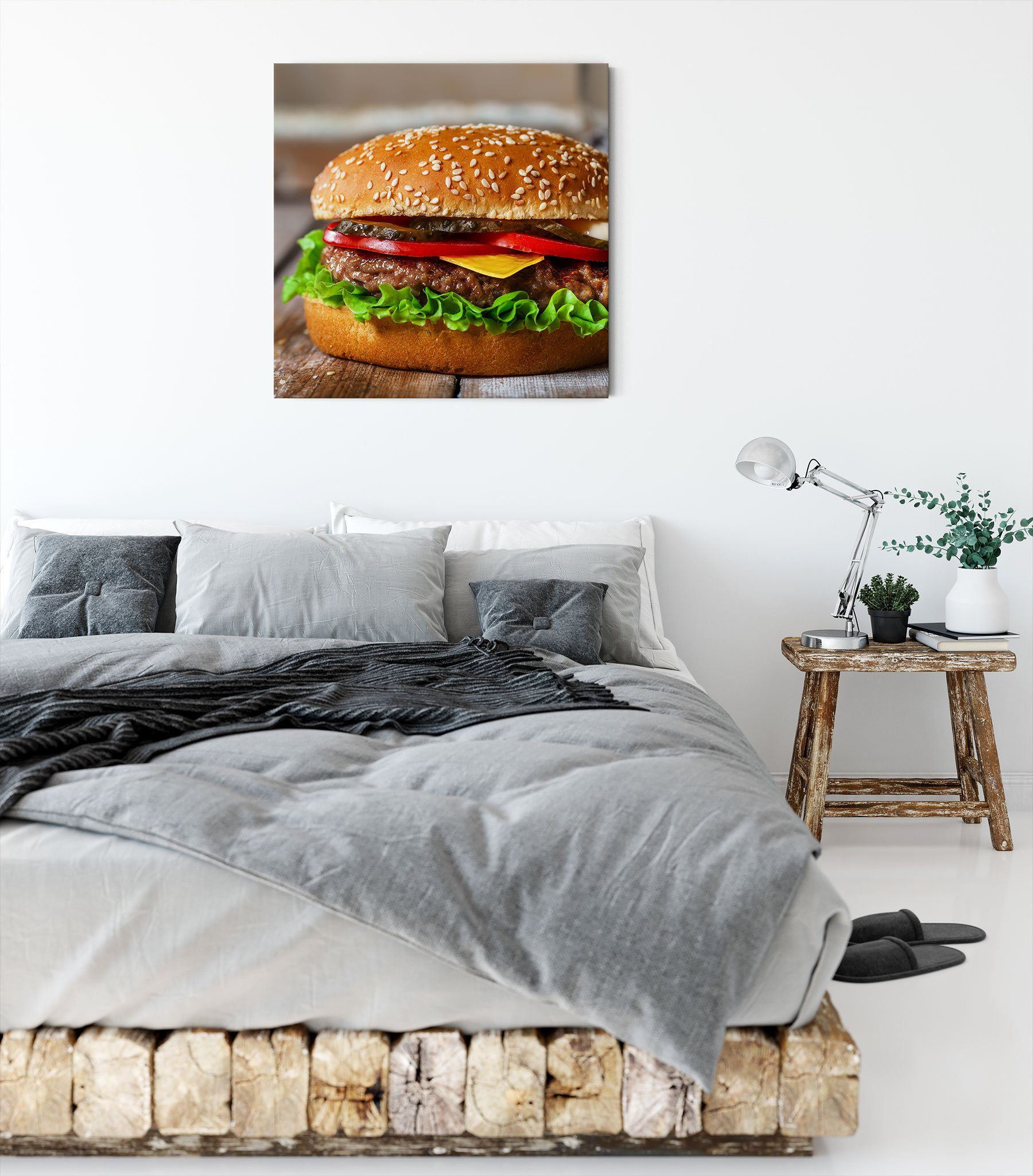 inkl. St), Leinwandbild mit bespannt, Zackenaufhänger Tomaten Burger (1 Burger mit Tomaten, Leinwandbild Pixxprint fertig