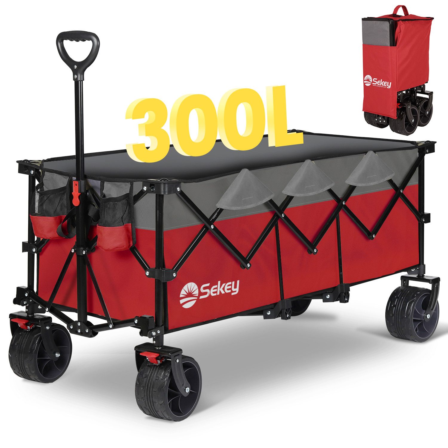 Sekey Bollerwagen Faltbar Handwagen Klappbar Transportwagen XXXL Superlang, 300L, 200KG, Alle-Terrain Reifen, Ultrakompakt Faltbar & mit Bremsen