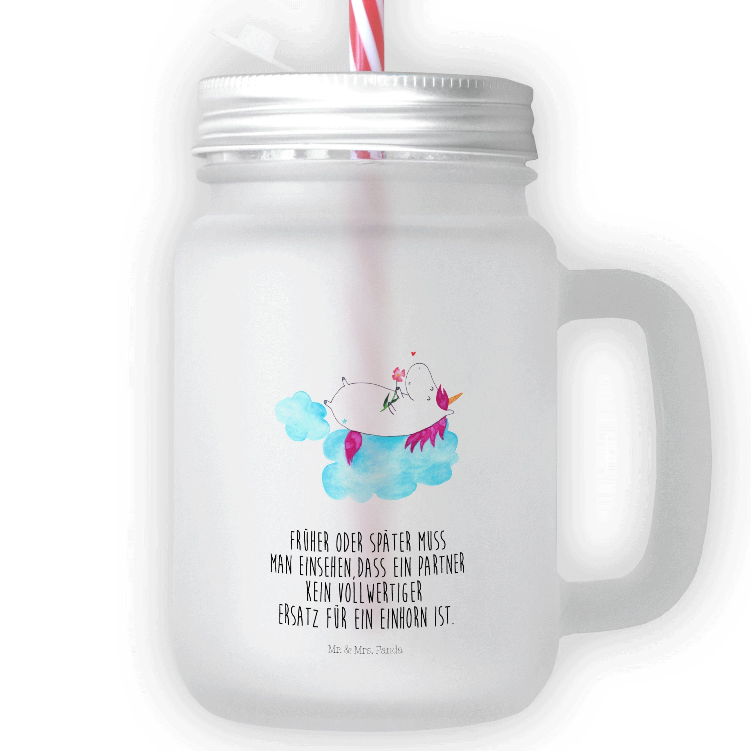 Mr. & Mrs. Panda Glas Einhorn verliebt auf Wolke - Transparent - Geschenk, Unicorn, Satinie, Premium Glas