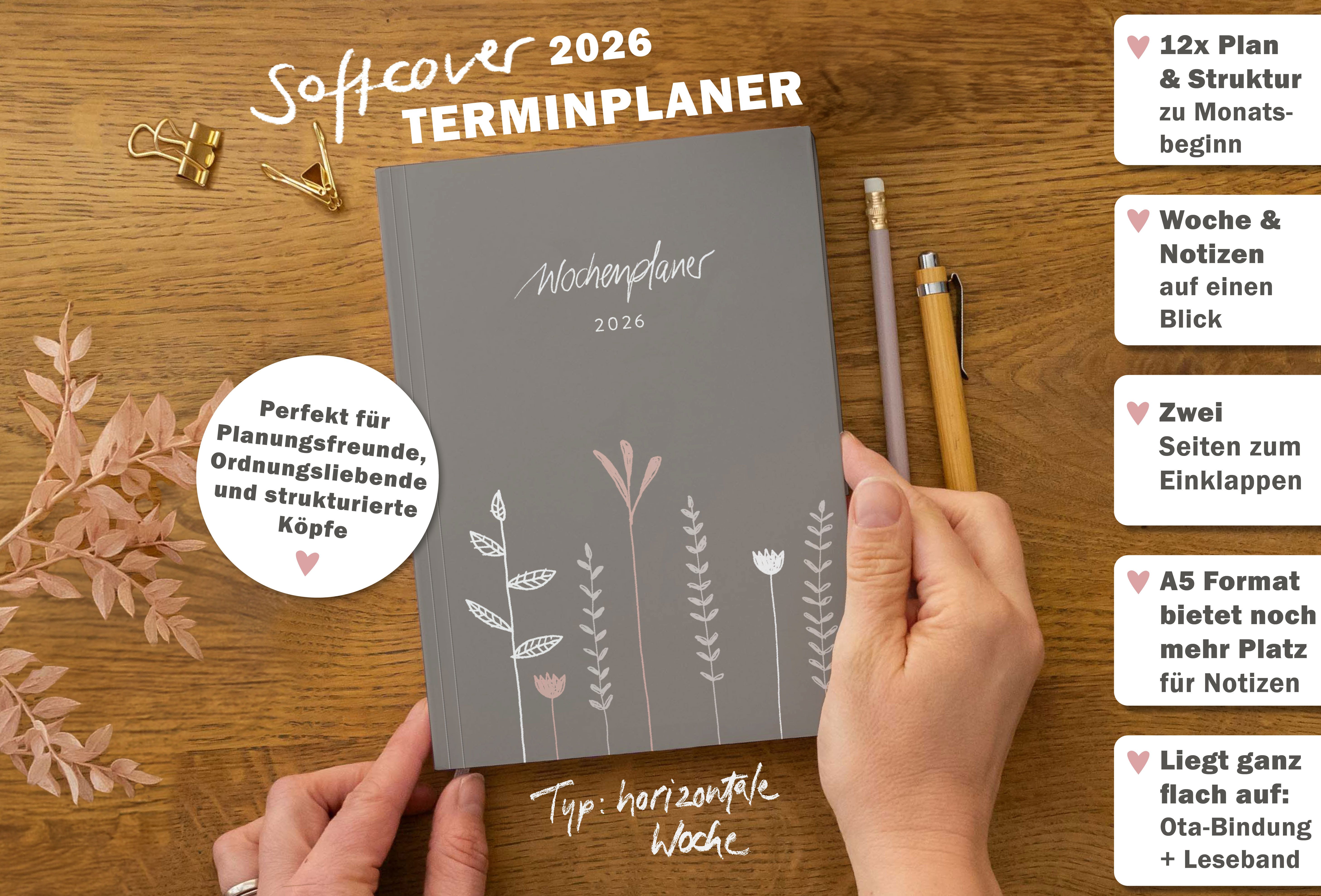 Eine der Guten Verlag Terminkalender Terminplaner 2026 - A5, grau rosa, 1 Doppelseite / Woche, 152 S. FSC-Papier, Softcover, klimaneutral