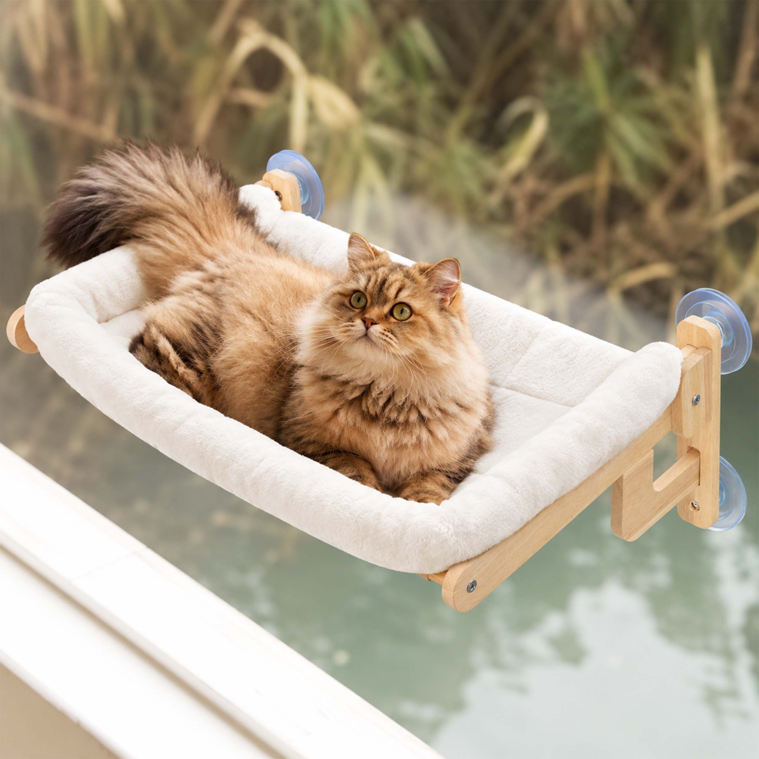 relaxdays Katzenliege 2in1 Katzenbett für Fenster & Wand, Polyester, Beige