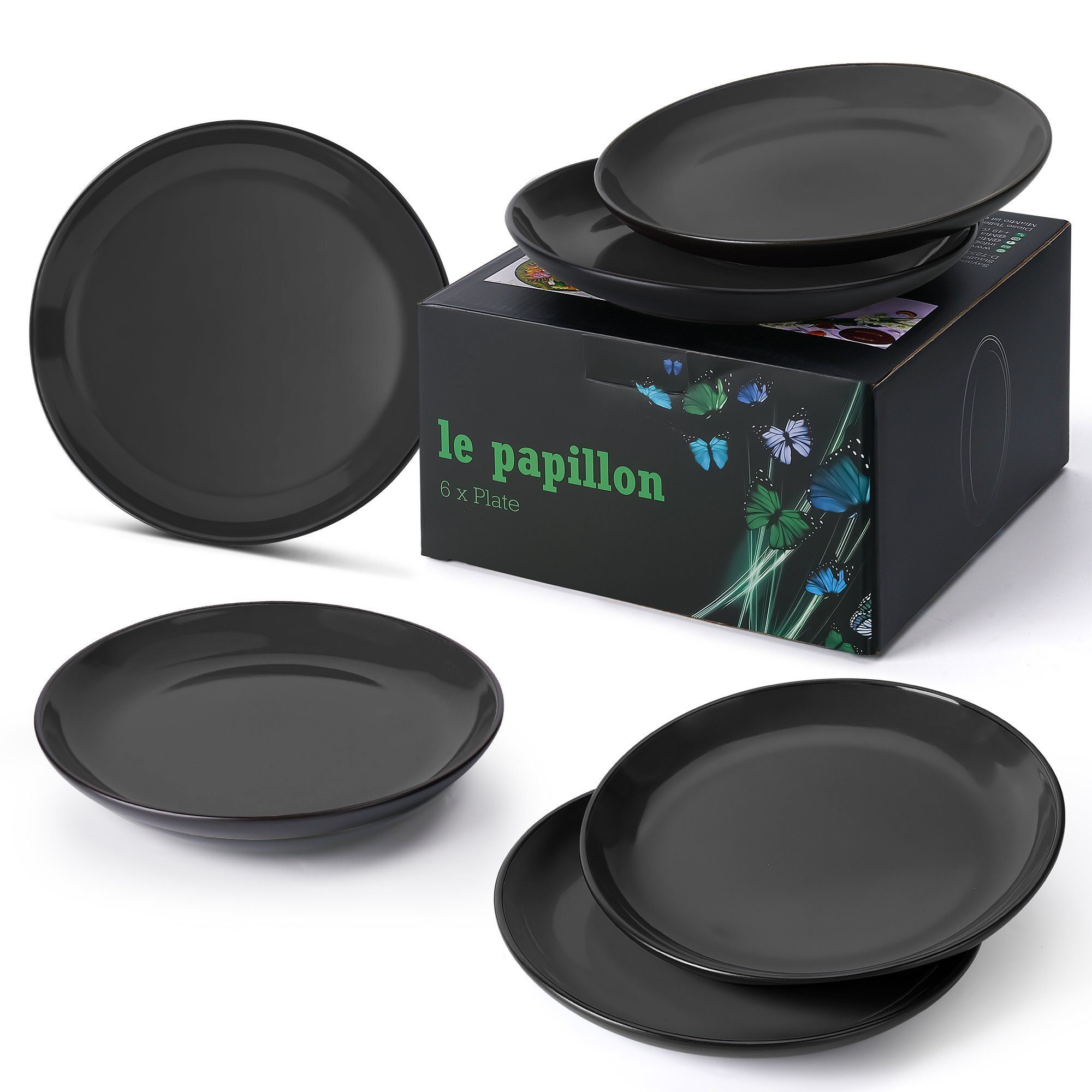 MiaMio Teller 6er Teller Set Modern aus Keramik (Schwarz, 20,5 cm), (6 St)