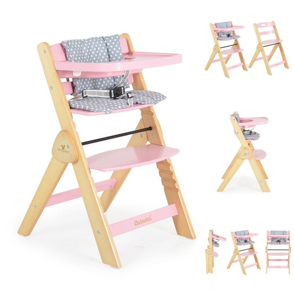 Cangaroo Kombihochstuhl Caramel, Holz, Sitzkissen, Fußstütze, 3-Punkt-Gurt, klappbar, kompaktes Design