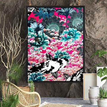DOTCOMCANVAS® Leinwandbild Koi Japan Sun, Leinwandbild Koi Japan Sun Koi Fische Blumen grün rosa pink Wandbild