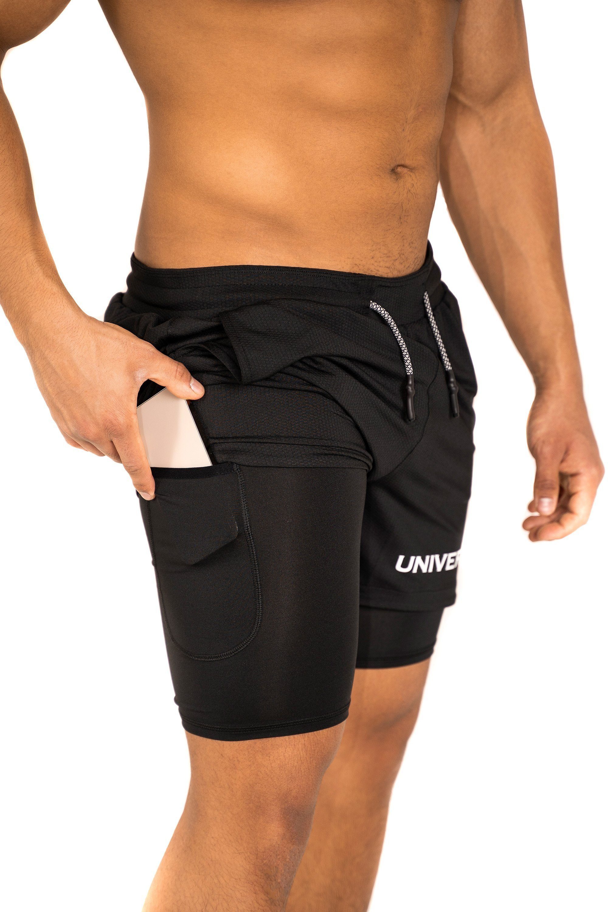 mit Sportwear mit Kurze Handytasche schwarz Sporthose Unterziehhose versteckter funktioneller Hose Universum Shorts