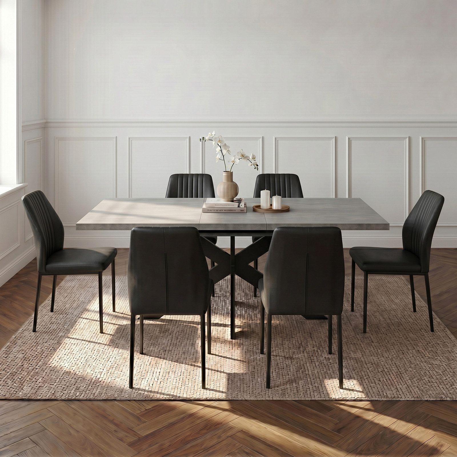 Jiexi Essgruppe Tisch-und Stuhlset, Ausziehbarer Esstisch (160–200 cm) mit 6-8 Stühlen – Bild 2 von 5