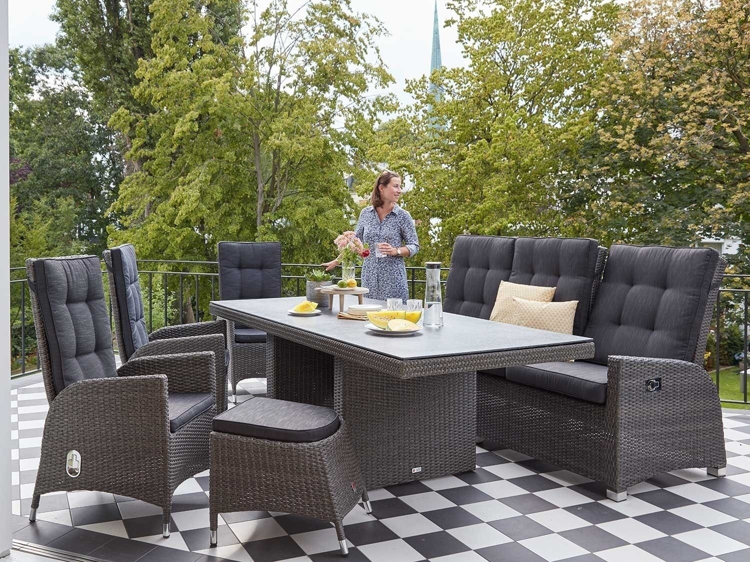 Outdoor Gartenbank BARCELONA, Aluminium, Grau, B 211 cm, verstellbar, Kunststoff-Geflecht