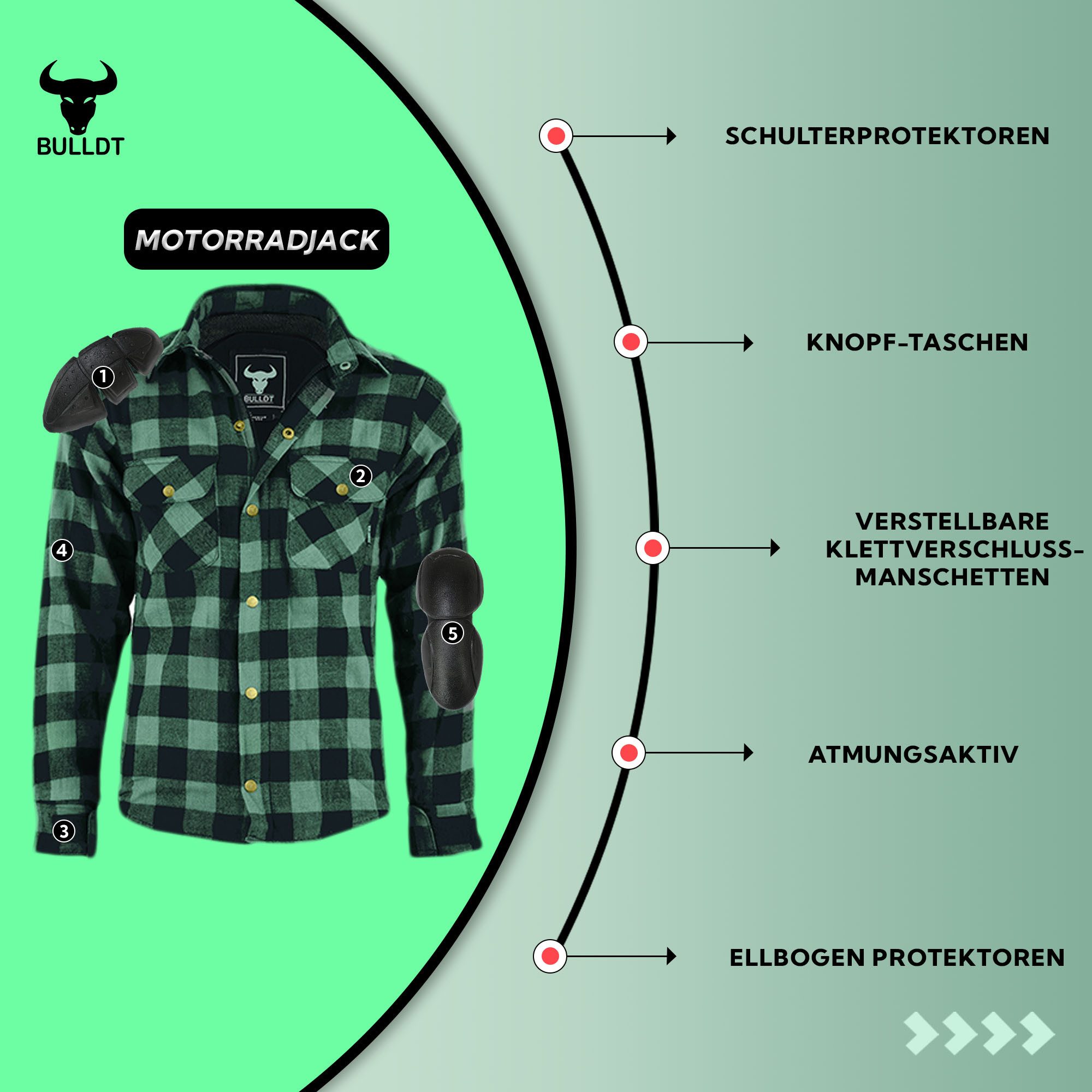 BULLDT Motorradjacke BLD1201 (mit 4 CE-Protektoren) BULLDT Herren Motorradhemd Holzfäller-Look Hemd