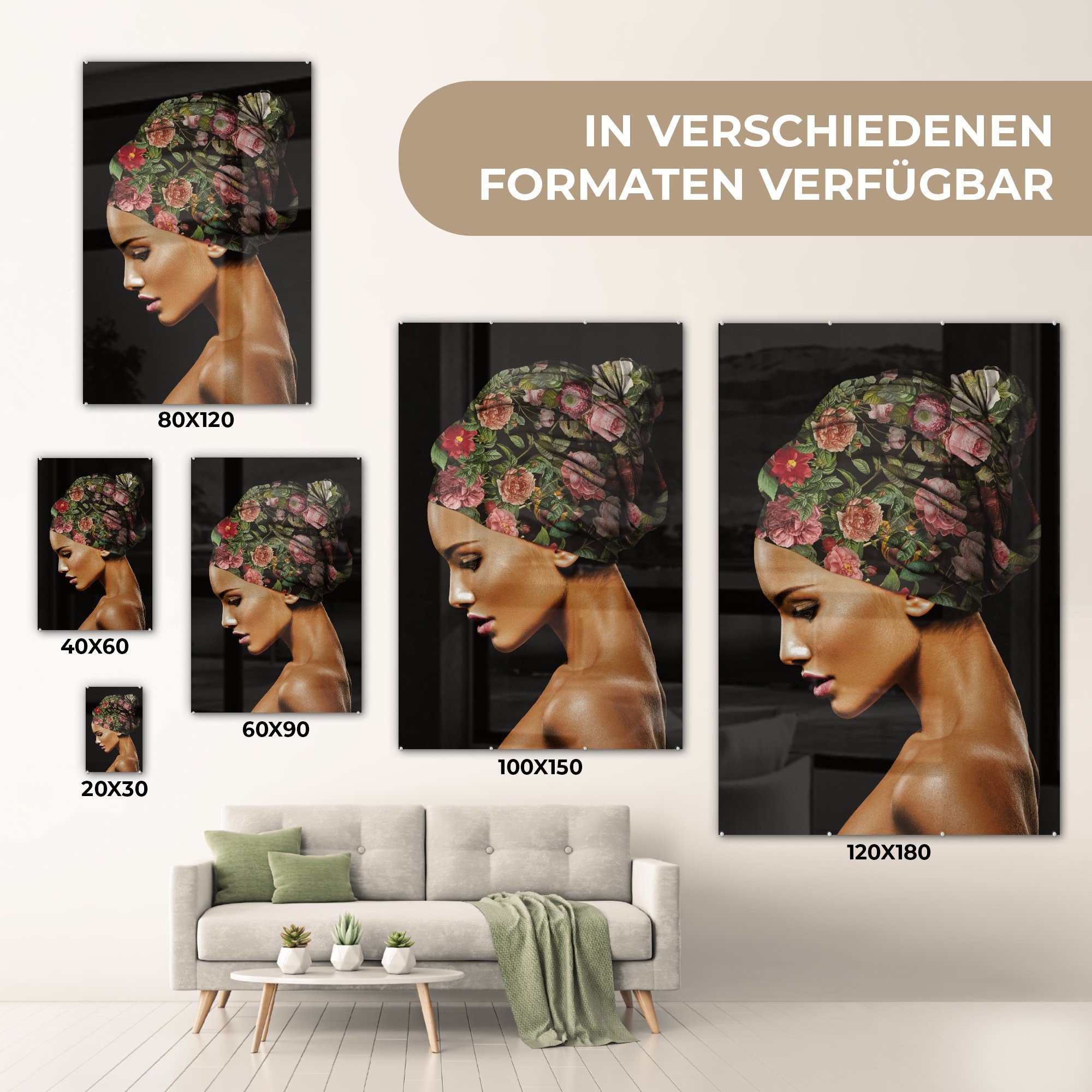 - - Bilder Frau auf Glas Acrylglasbild Kopftuch Foto Wanddekoration Wandbild - MuchoWow (1 - Blumen, Glas auf Glasbilder - St),