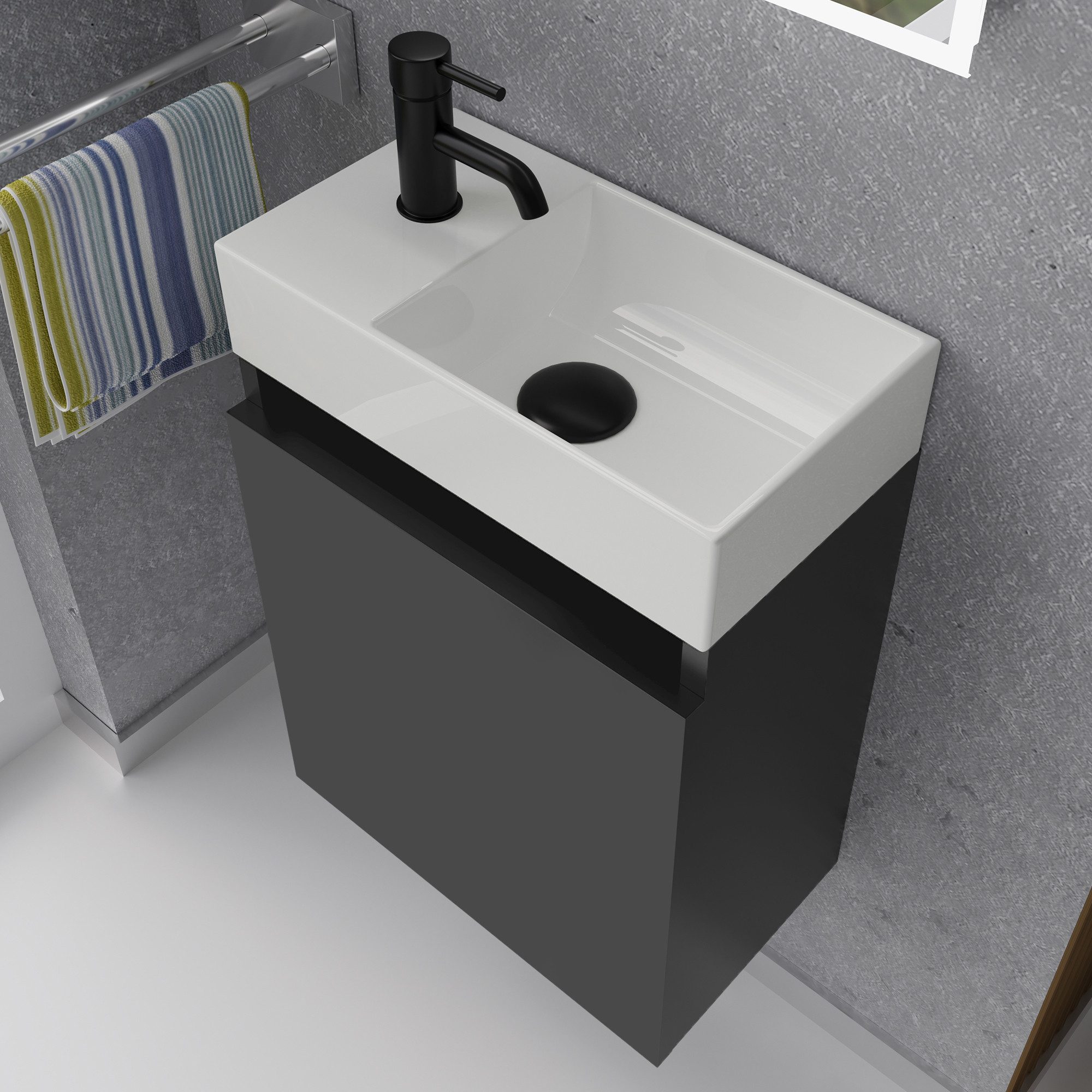 Alpenberger Badmöbel-Set Gäste WC Waschbecken mit Unterschrank - Badschrank Hängend, (2-tlg. Waschtisch Set Schwarz, Waschbeckenunterschrank mit Softclose), Waschplätze für Kleine Bäder - Badschrank Hängend und Vormontiert