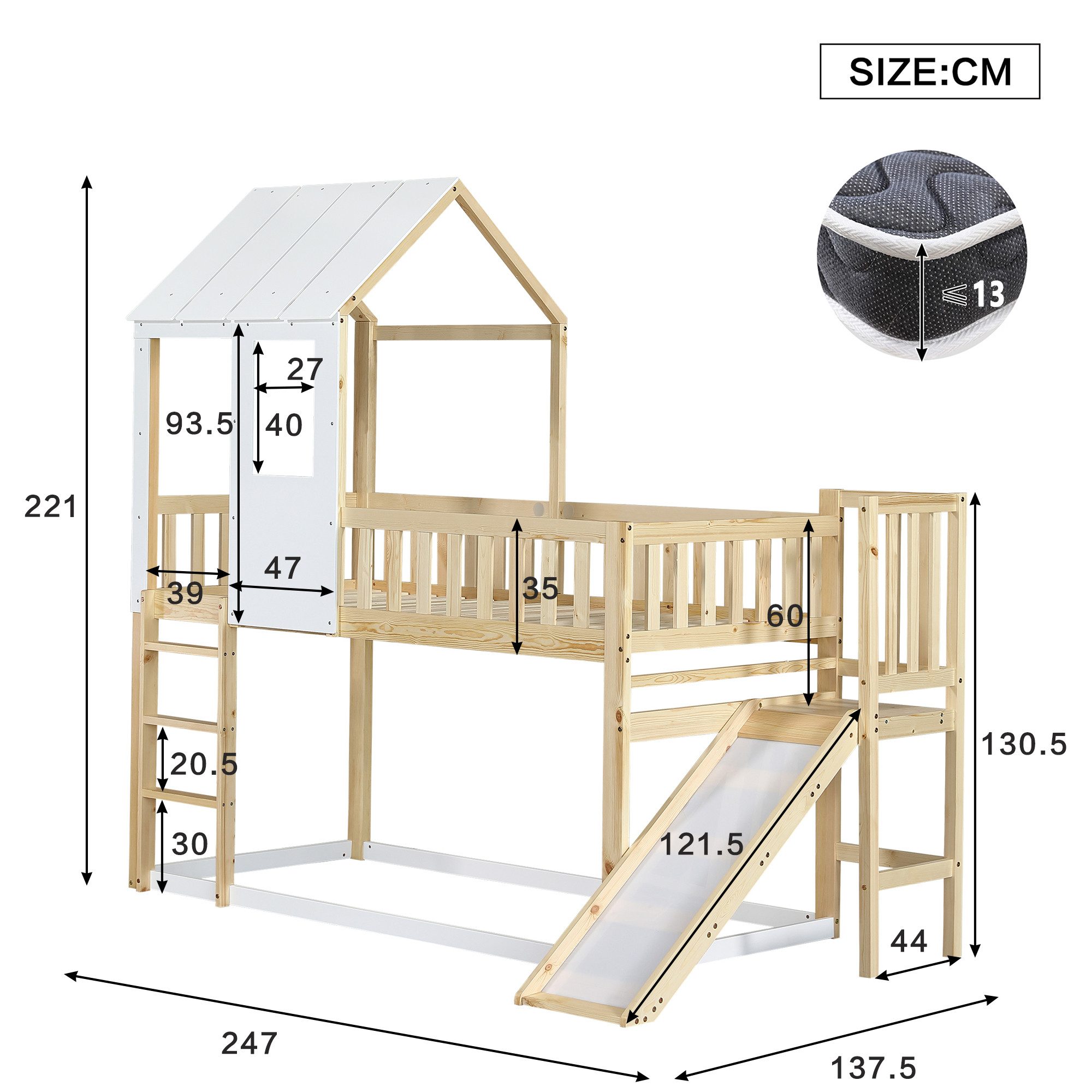 TavilaEcon Etagenbett Hausbett Kinderbett mit Dach und Fenster, Natur+Weiß, günstig online kaufen