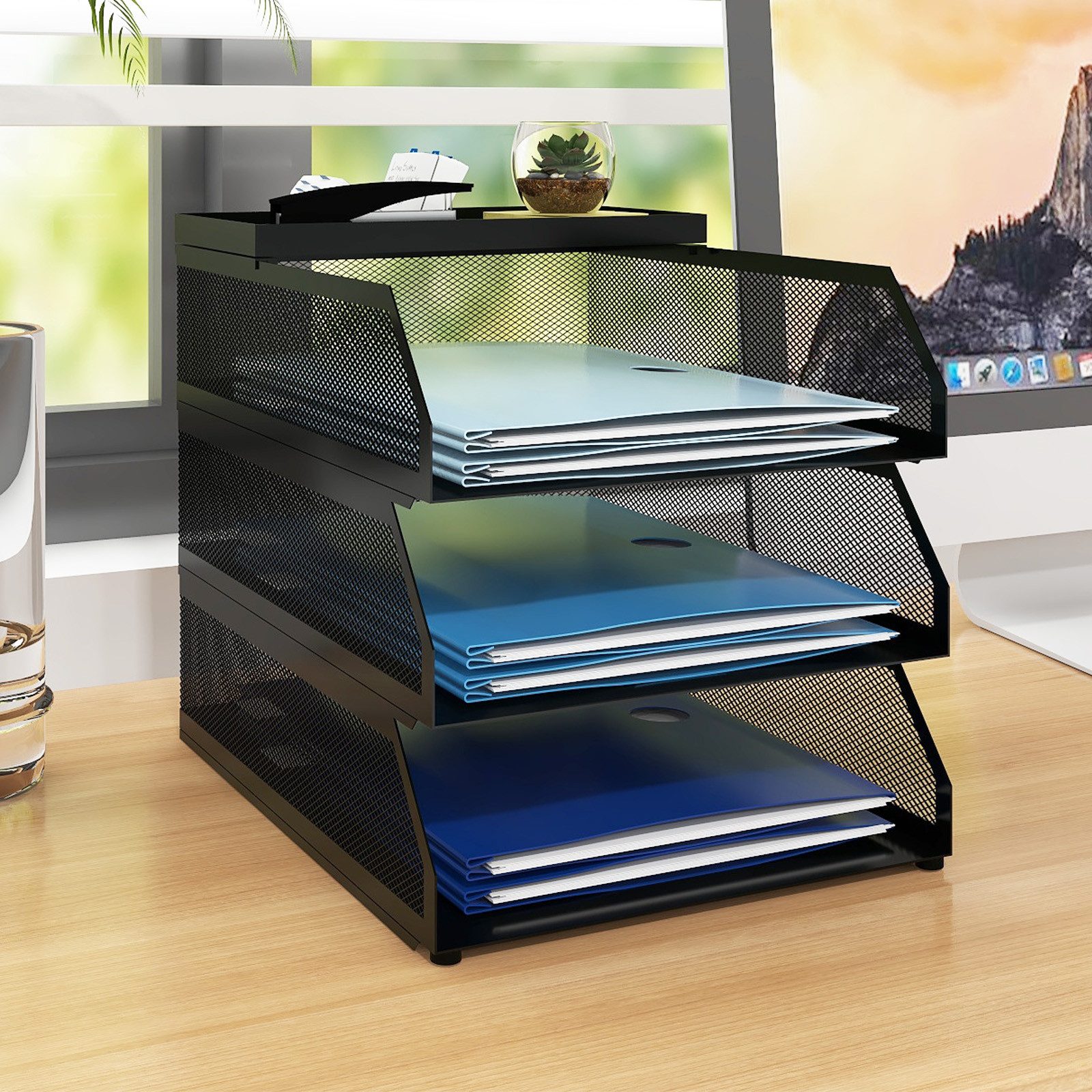 PUNCIA Briefablage Dokumentenablage A4, 3 Ablagefächer aus Metall, 32x25x24cm (1-St), mit Stiftablage, rutschfesten Füßen, ideal für Büro & Homeoffice
