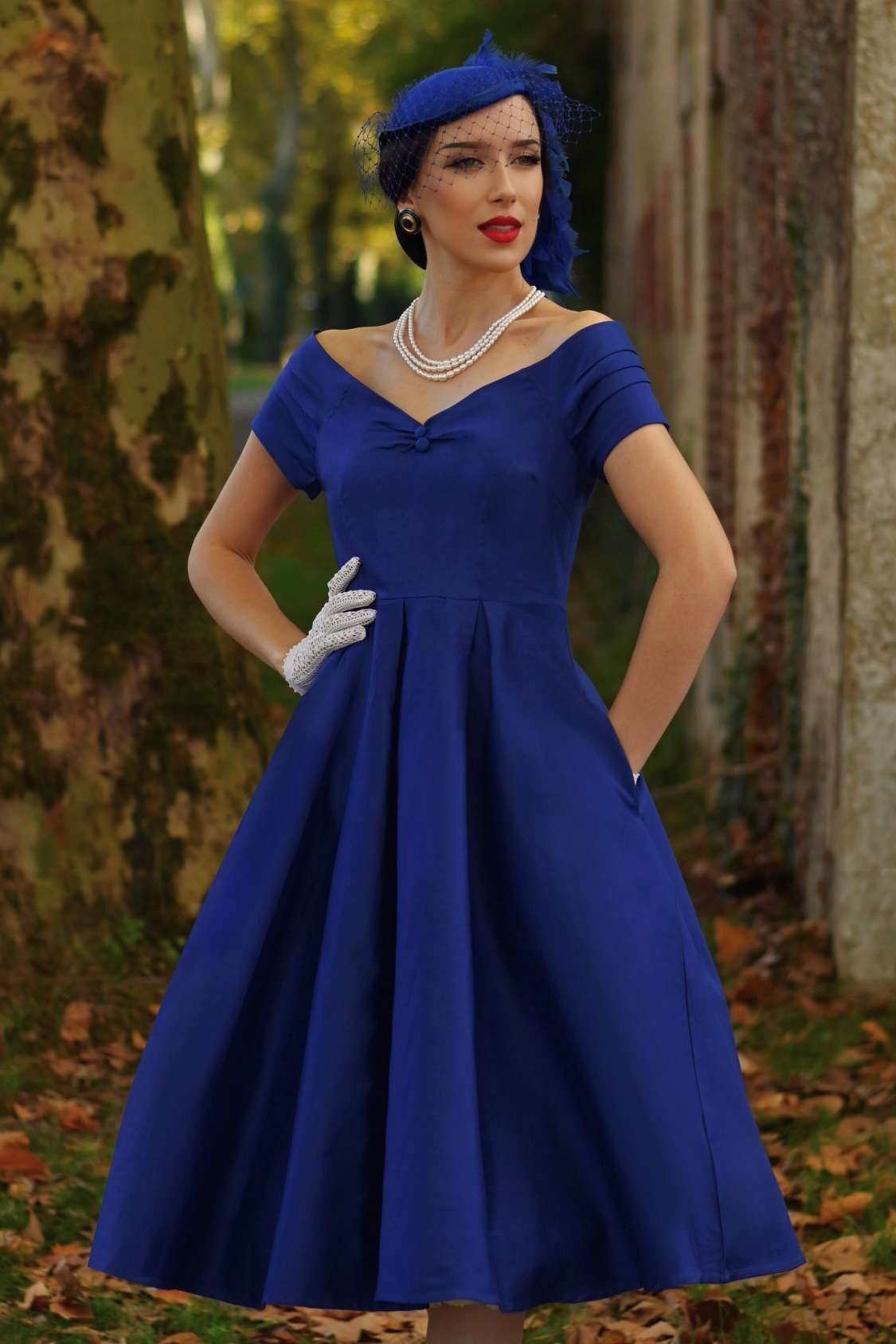 Dolly and Dotty A-Linien-Kleid Lily Dark Blue Off-Shoulder Vintage Retro Ro günstig online kaufen