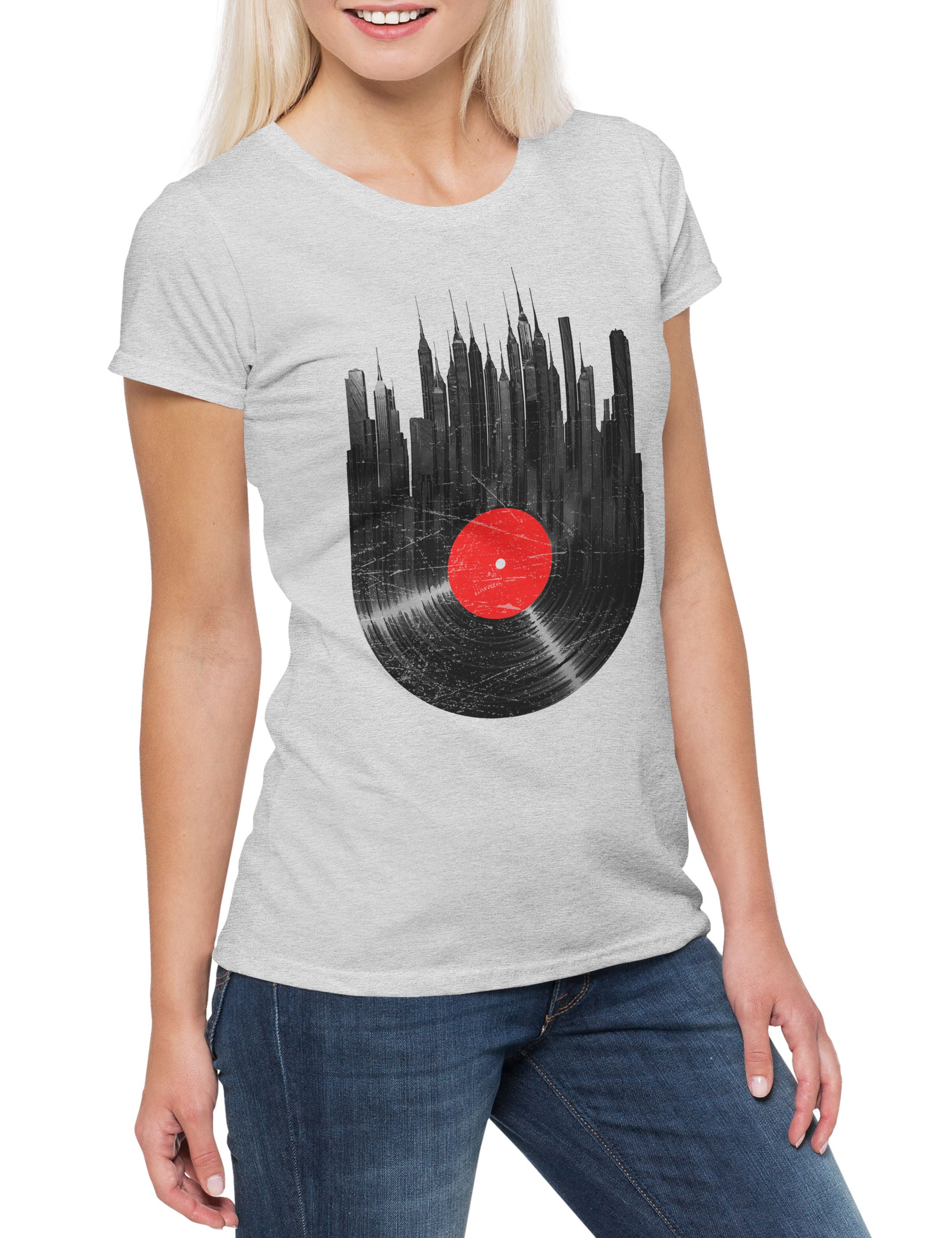 Urban Backwoods Print-Shirt Recordl City Damen T-Shirt Schallplatte Club Disco Retro Music (1-tlg) Collector Plattenspieler Phonograph Player