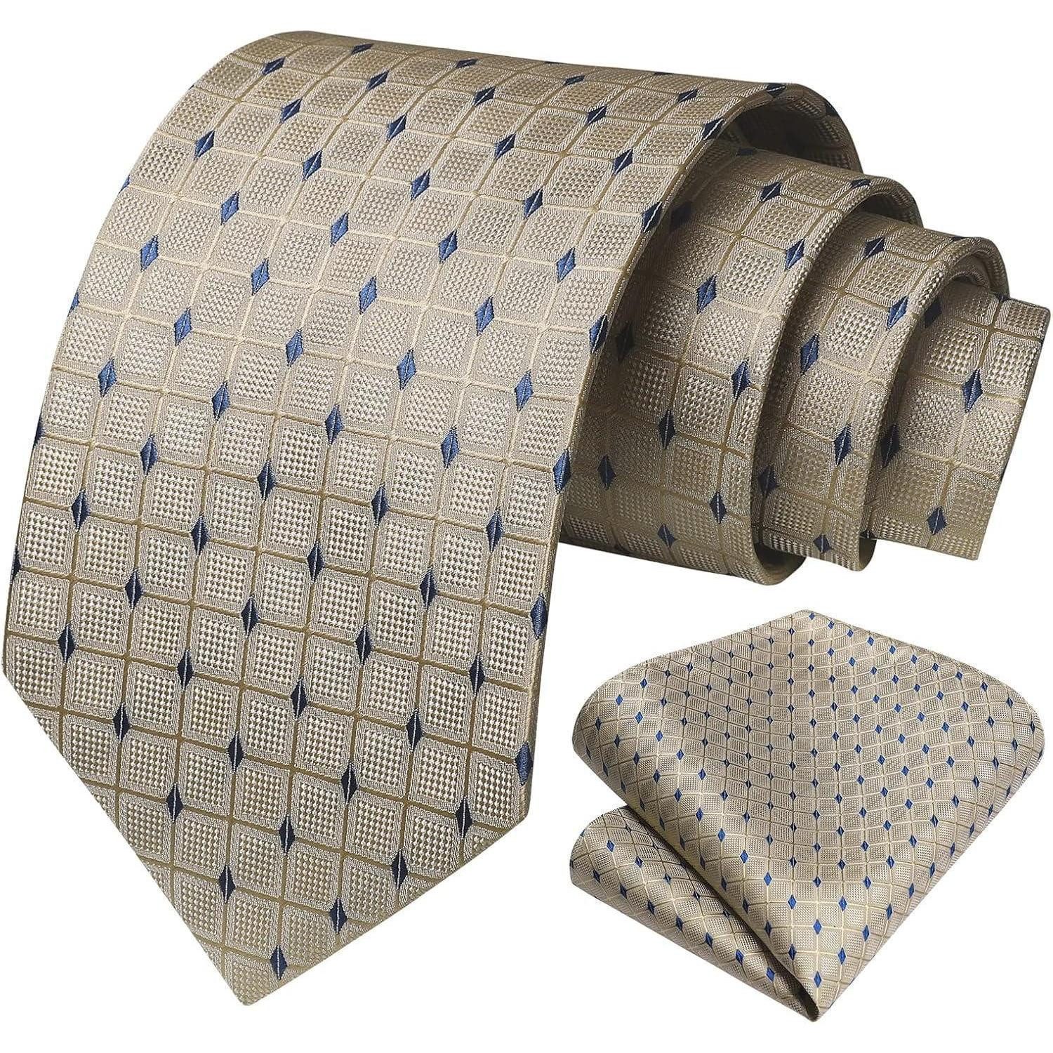 LuxusKollektion Krawatte Krawatte Herren Hochzeit kariert Einstecktuch Set Blumen Beige (1-St) – Bild 2 von 5