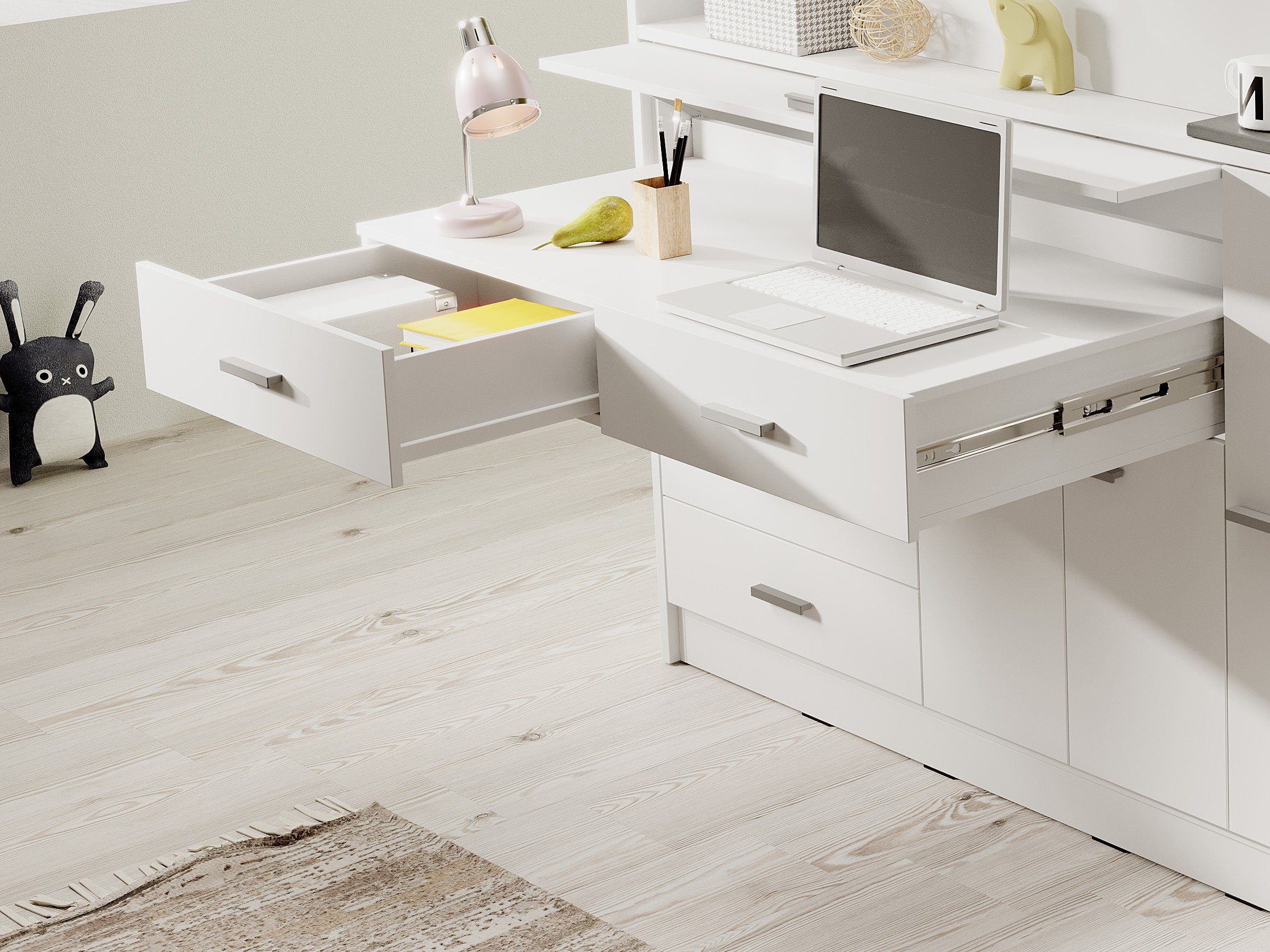 Lattenrost mit für grau Schreibtisch, Stauraum Dich Möbel ausziehbarem mit Ingenio viel Treppe Fronten Hochbett und
