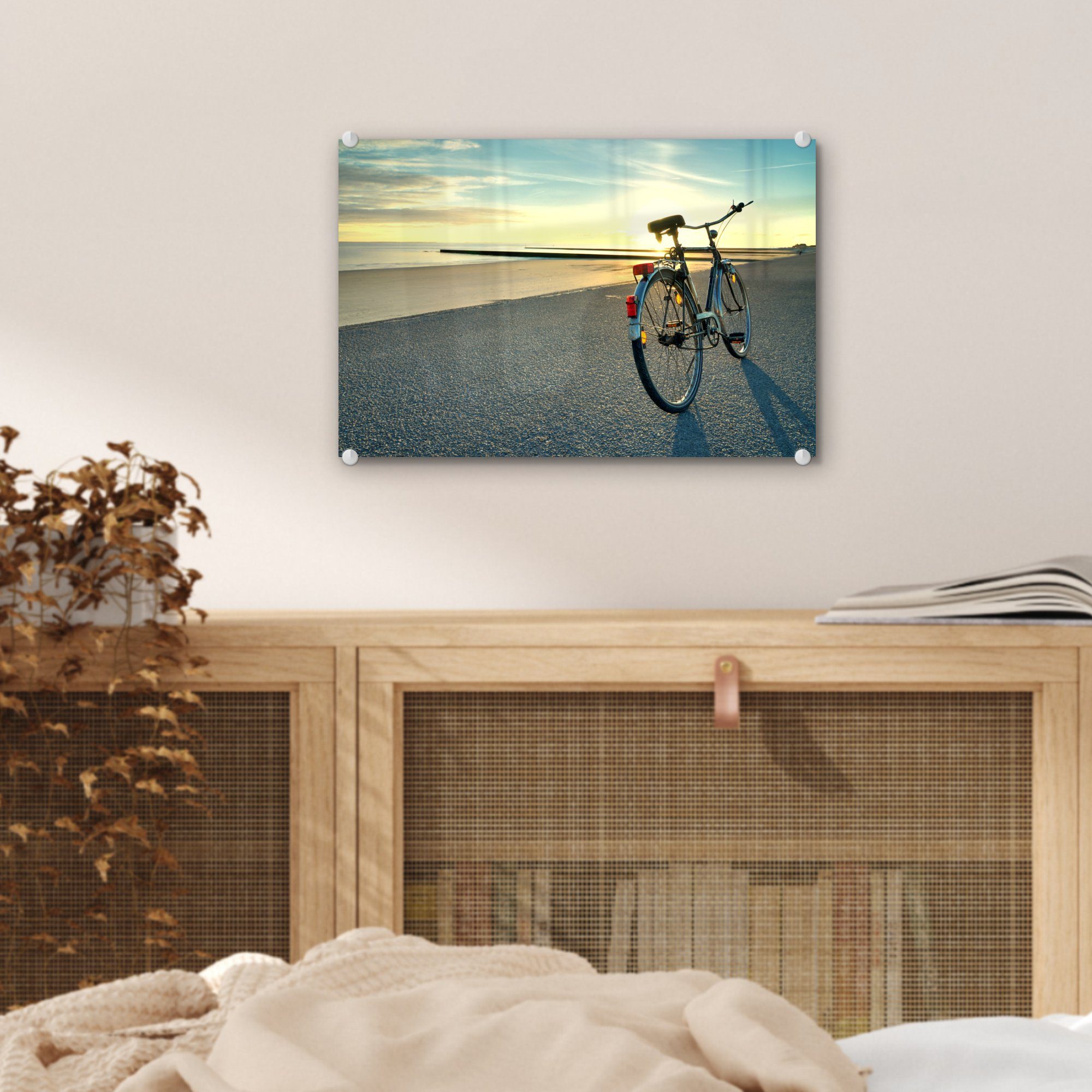 Glas St), Wanddekoration auf - Wandbild auf Fahrrad Foto Sonnenuntergang, (1 - Nordsee MuchoWow - Glasbilder - Bilder Acrylglasbild - Glas