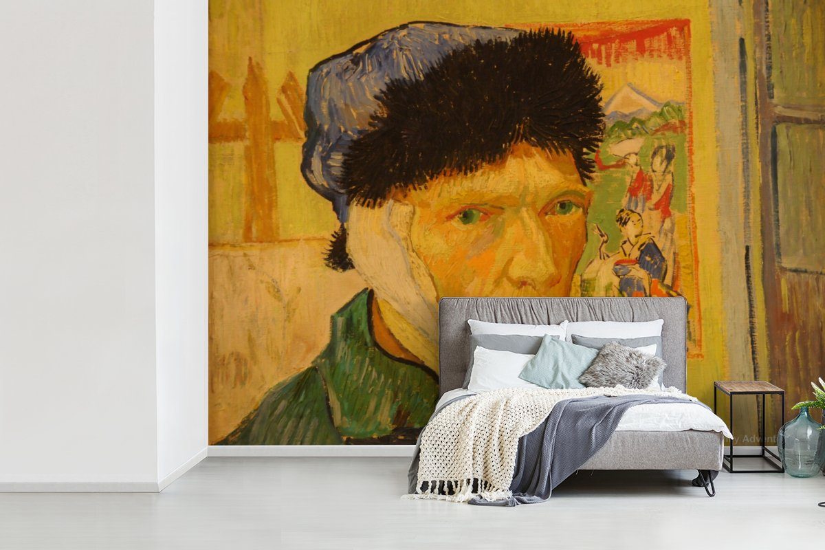 Gogh, mit Wohnzimmer, Tapete Wandtapete Montagefertig van Selbstbildnis Vincent - Vinyl (6 für verbundenem St), Matt, MuchoWow Fototapete Ohr bedruckt,