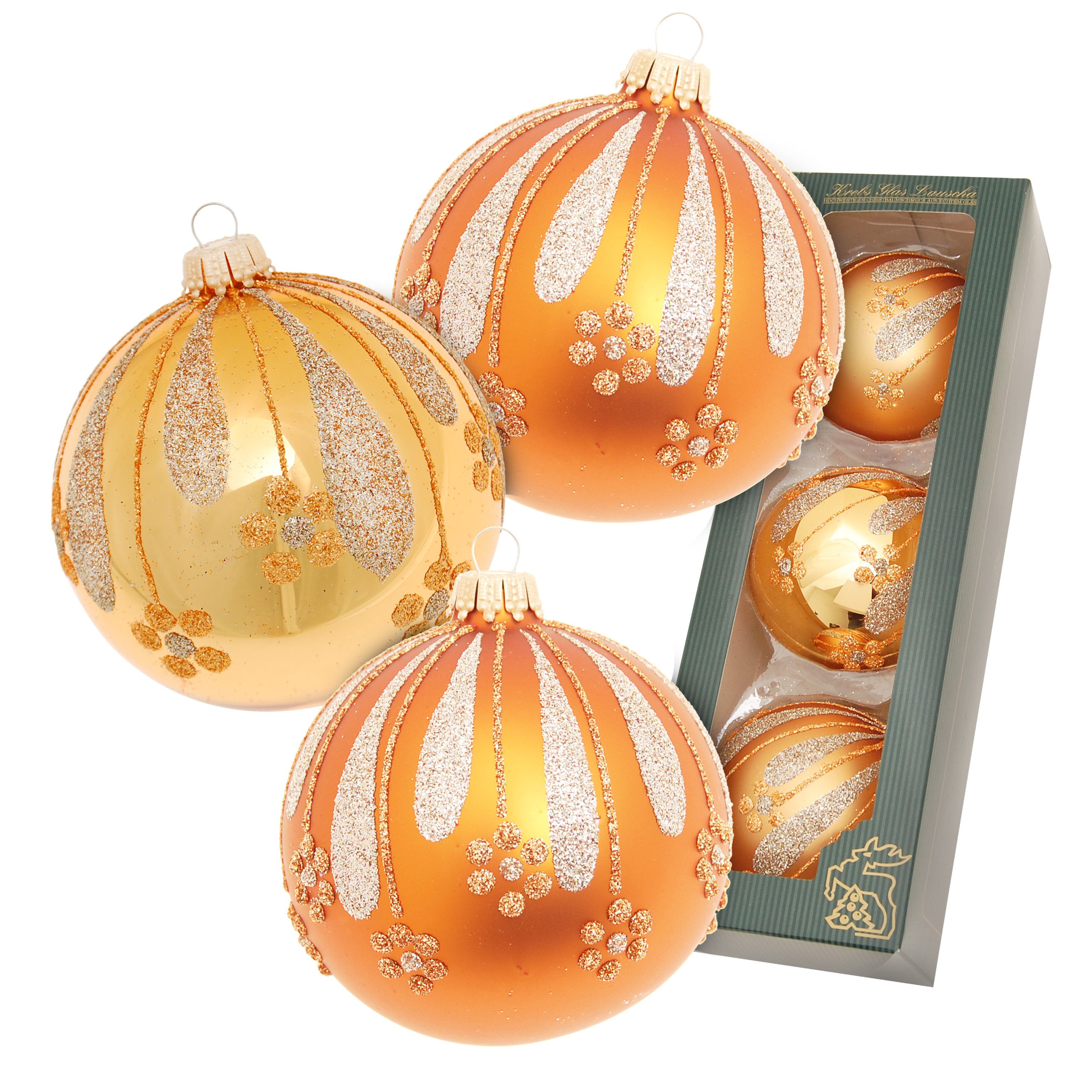 Krebs Glas Lauscha Weihnachtsbaumkugel Weihnachtskugeln Blumen und Blätter Goldfarbig 8cm (3 St), Glas