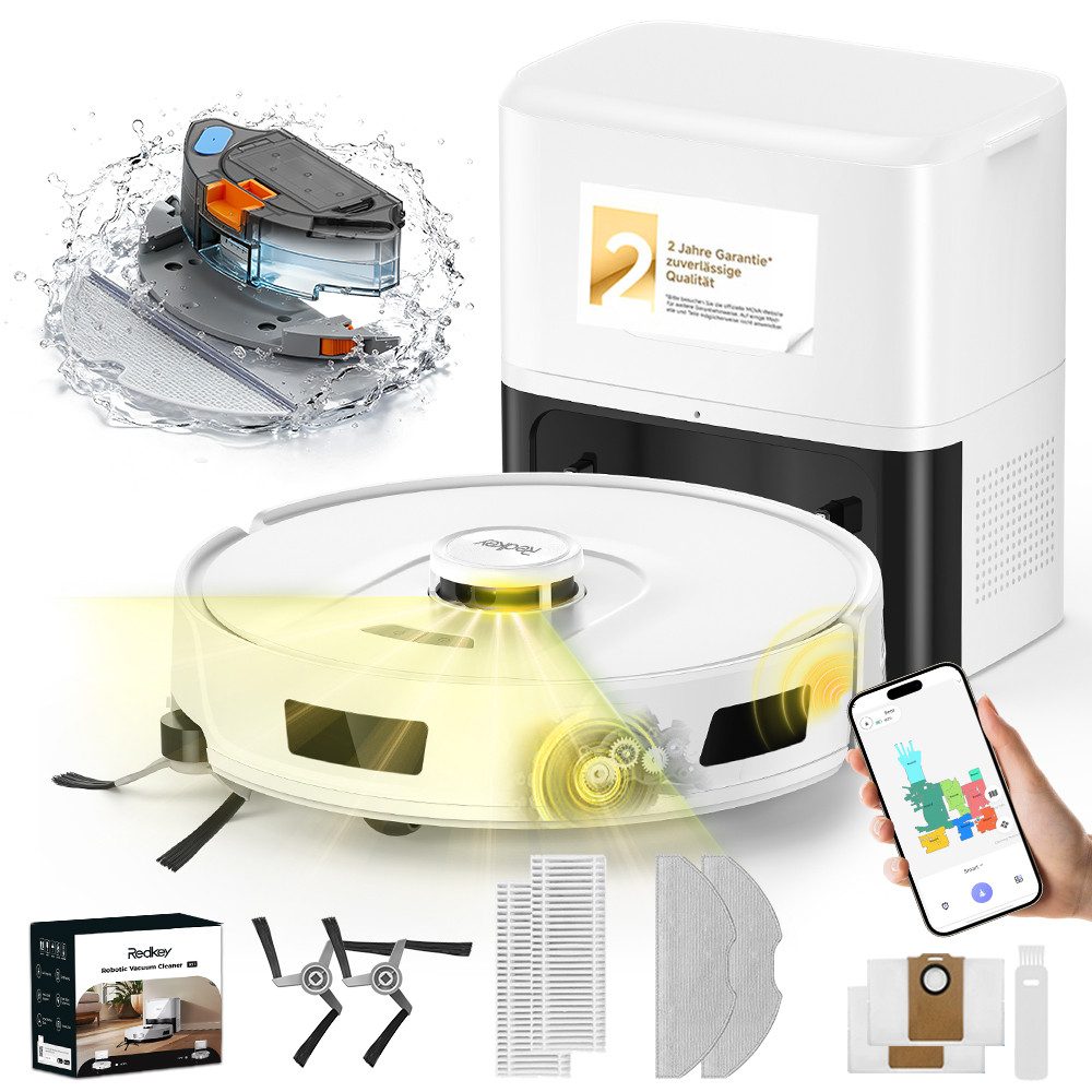 Redkey Saugroboter 25000 Pa 2026 Saugroboter mit Wischfunktion und Absaugstation AI App, 36 W, mit Beutel, mit Staubabsaug-undSelbstreinigungsfunktion, Appsteuerung