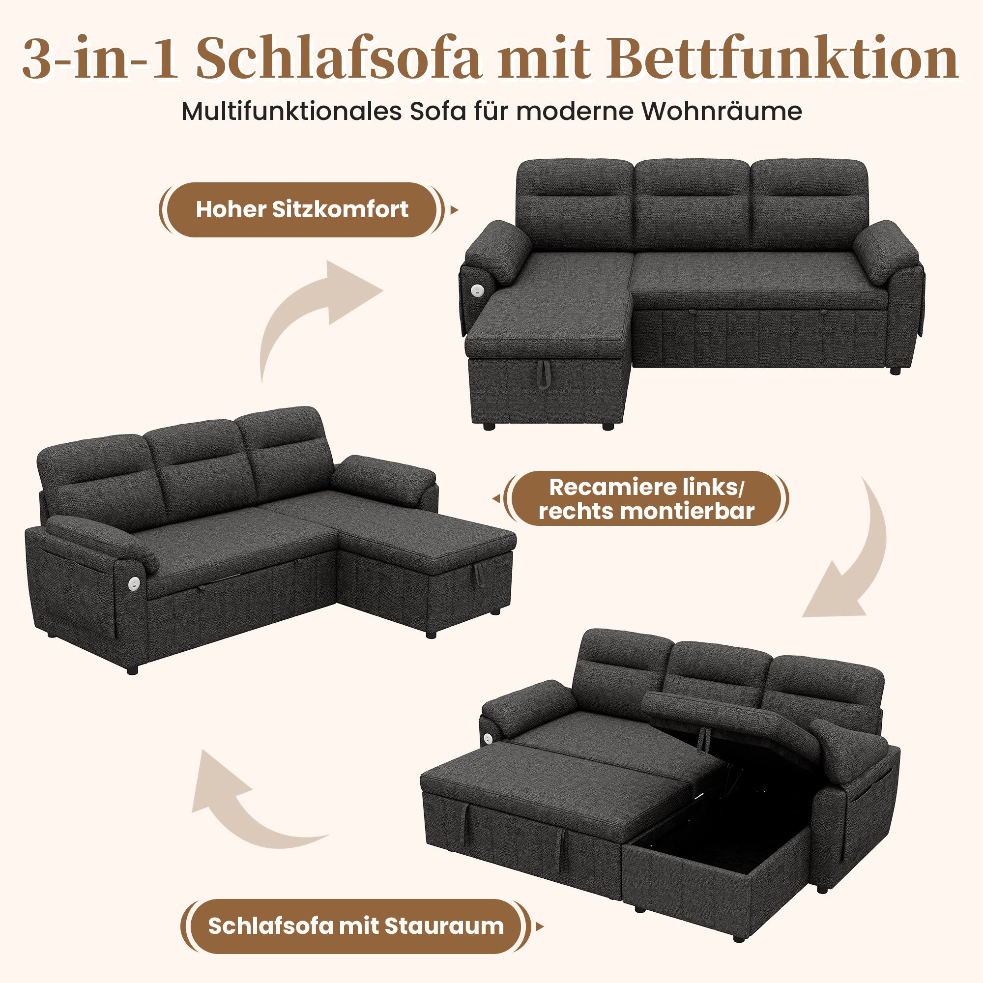 BlingBin Ecksofa L‑förmiges Ecksofa mit USB/Type‑C‑Panel & Ausziehbarer Schlaffunktion, Gesamtbelastbarkeit: 450kg, Stauraum im Longchair 1 Teile, Links/rechts Wechselbarer Chaiselongue, Chenillegewebe, Grau