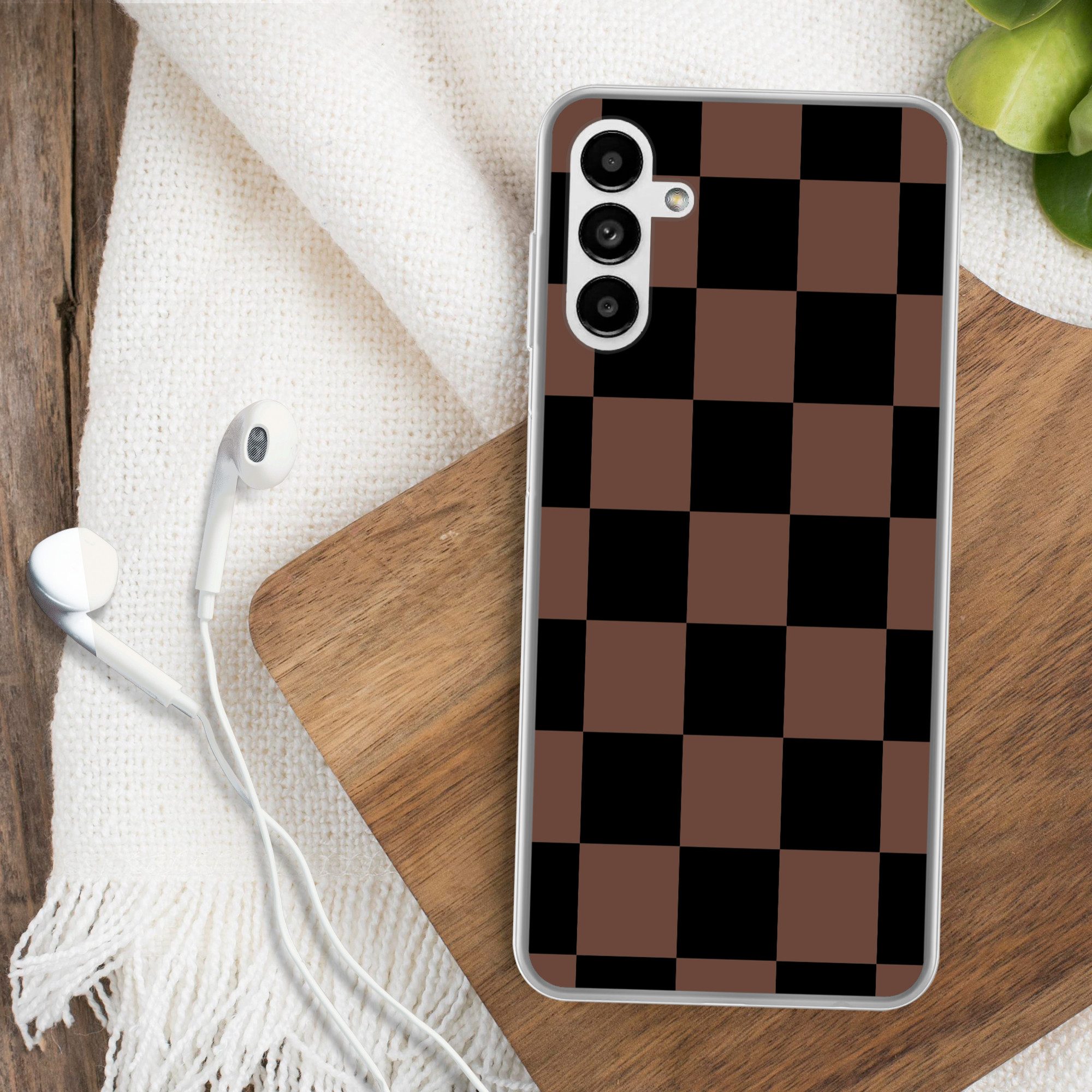 MuchoWow Handyhülle für Samsung Galaxy A04s Schachbrettmuster - Braun - Schwarz - Blöcke, Handy Case, Silikon, Bumper Case Dünn
