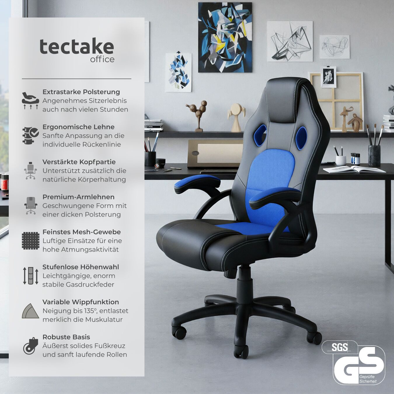 tectake Gaming-Stuhl Bürostuhl (Set, 1 St), Überzug aus weichem Kunstleder
