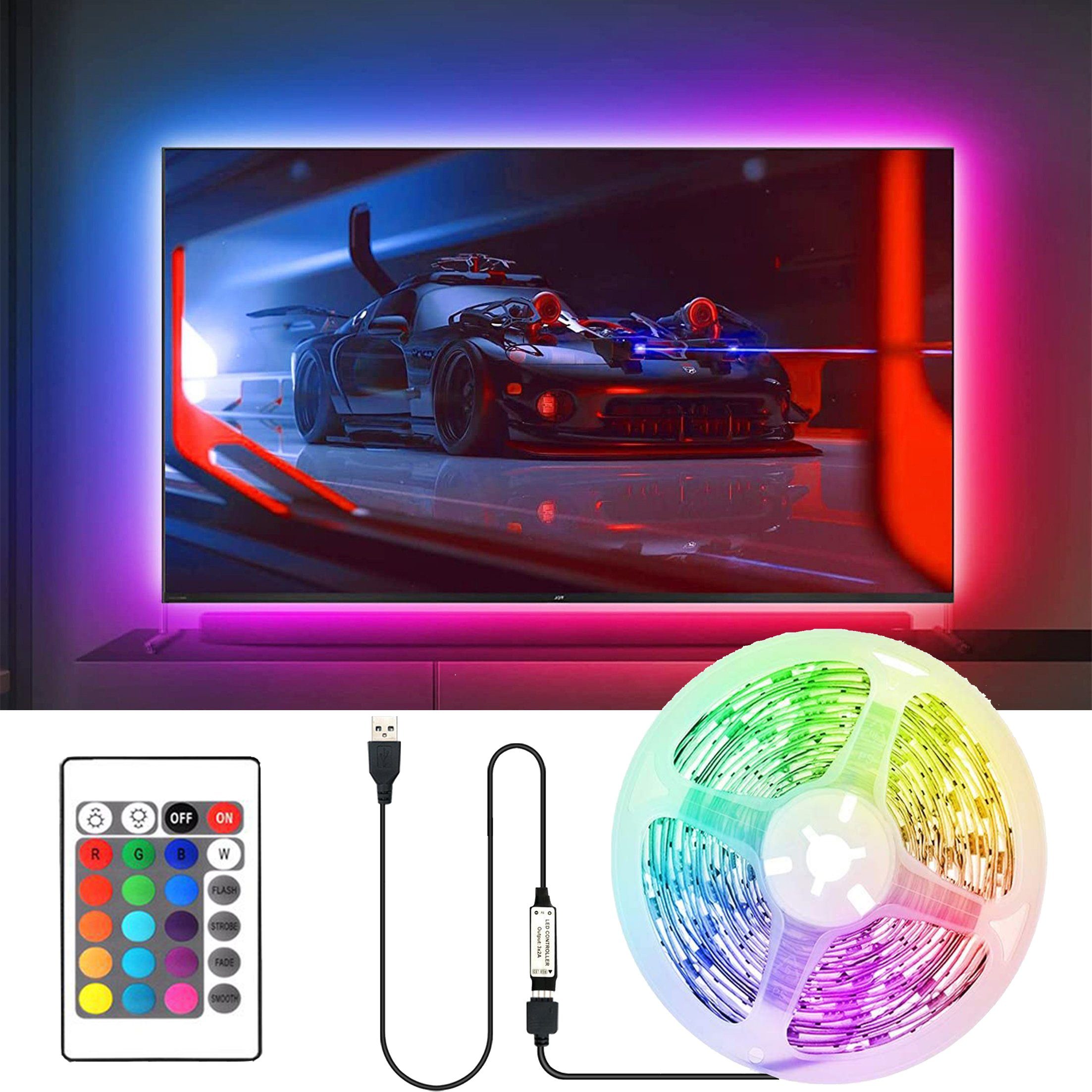 Lamon LED Stripe LED-TV-Licht mit 24-Tasten-Fernbedienung USB-Schnittstelle  wasserdicht