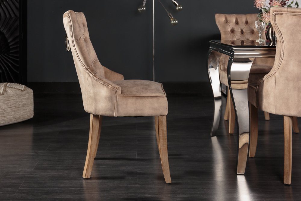 riess-ambiente Polsterstuhl CASTLE cappuccino/natur - Samt, Holz-Beine, Komfortgriff, Ziersteppung, Landhaus & Chesterfield-Kombination - ideal für Küche & Esszimmer