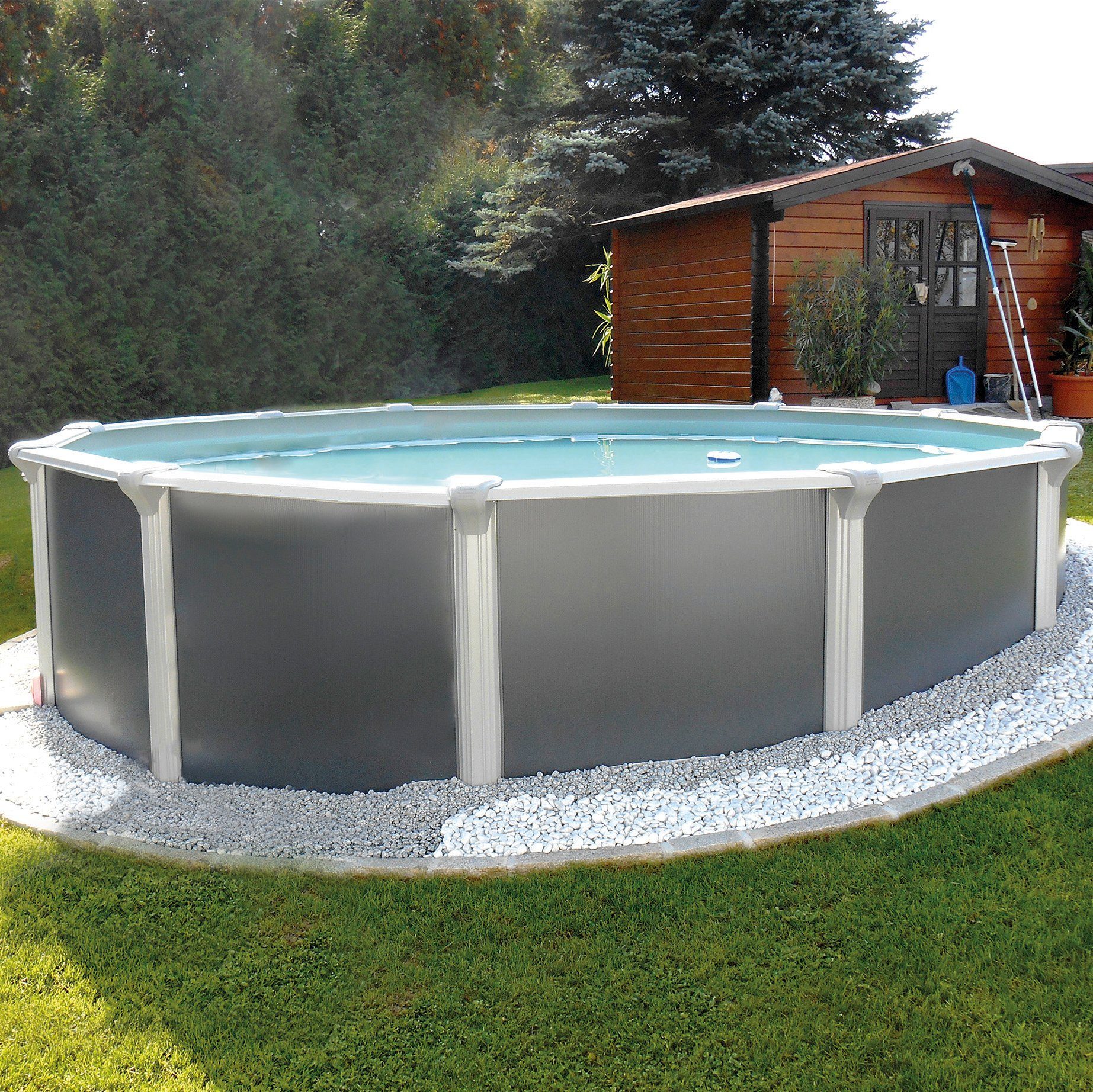 KWAD Rundpool Steely Supreme Design inkl. Sicherheitsleiter und Zubehör (Set, 10-tlg), 10-tlg., Höhe: 132 cm, inkl. Wasserpflegeset, graue Innenfolie