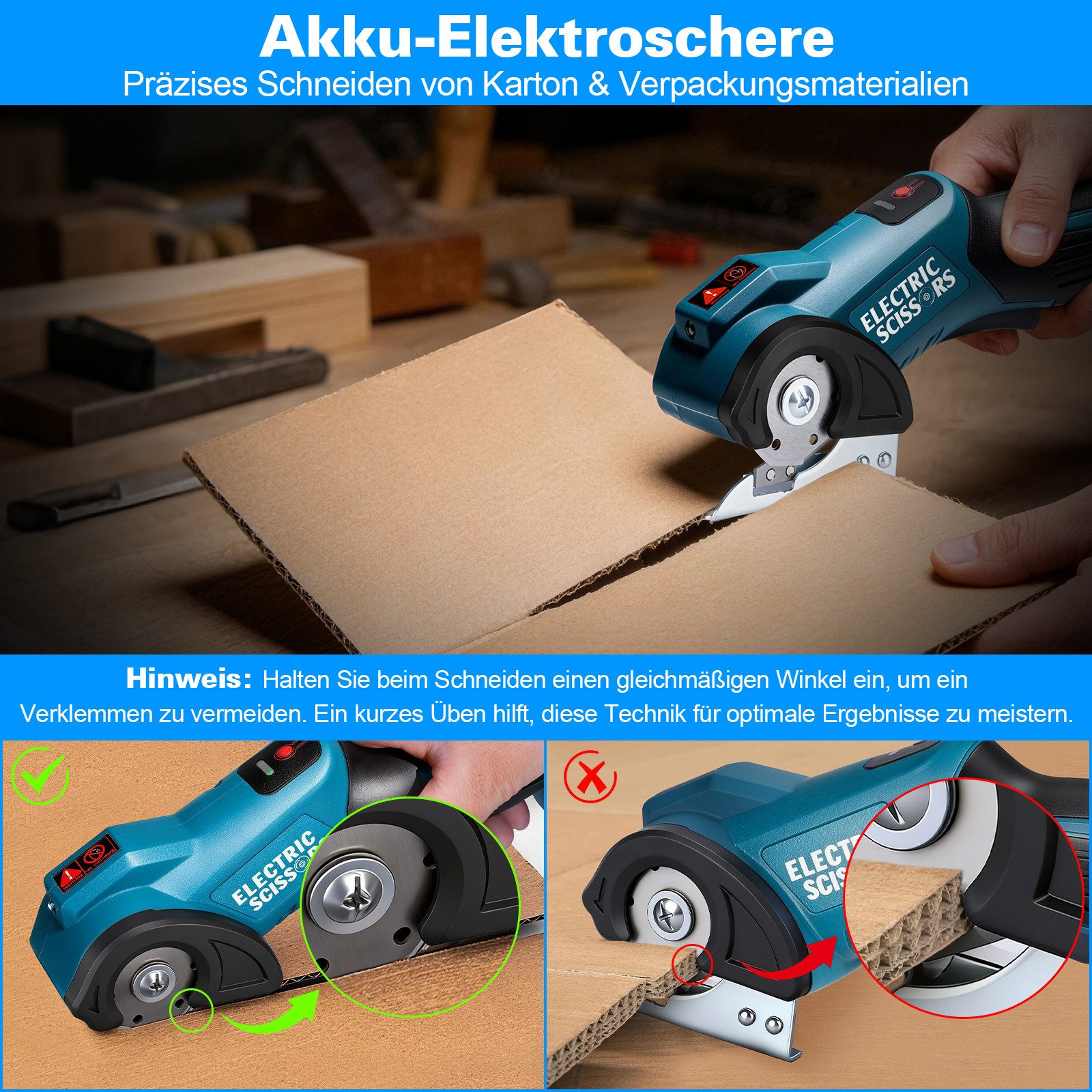 XERSEK Akku-Universalschere 18V Elektrische Schere mit 2,0Ah Akku, Kartonschneider Akkuschere, 18 V in V, 2 Klingen, 440U/min Motor, 9mm Schnitttiefe Kompatibel – Bild 3 von 5