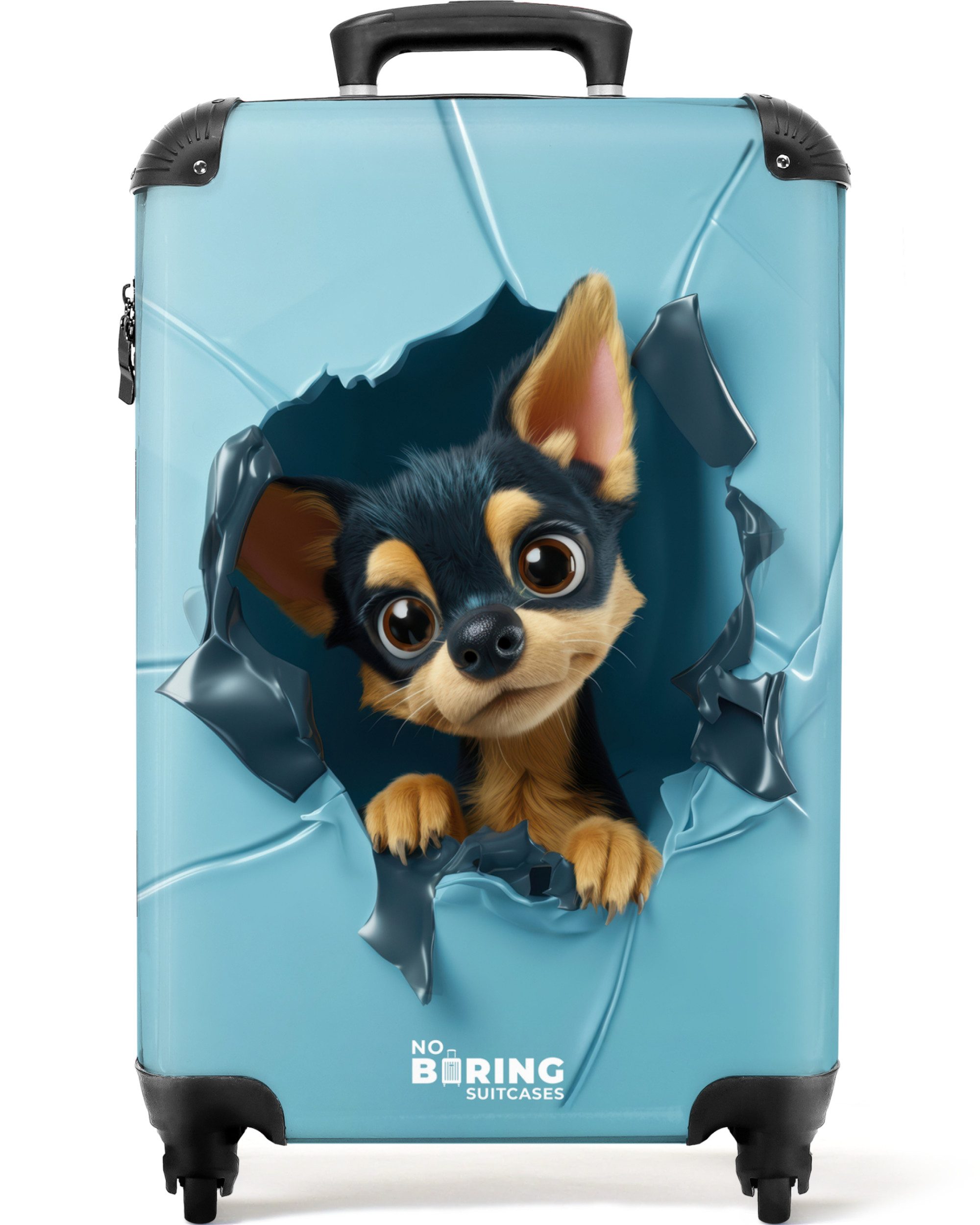 NoBoringSuitcases.com© Kinderkoffer Kleiner Chihuahua steckt den Kopf durch eine blaue Wand 55x35x20cm, 4 Rollen, Kinder Чемоданы Klein, Trolley Handgepäck, Reisekoffer